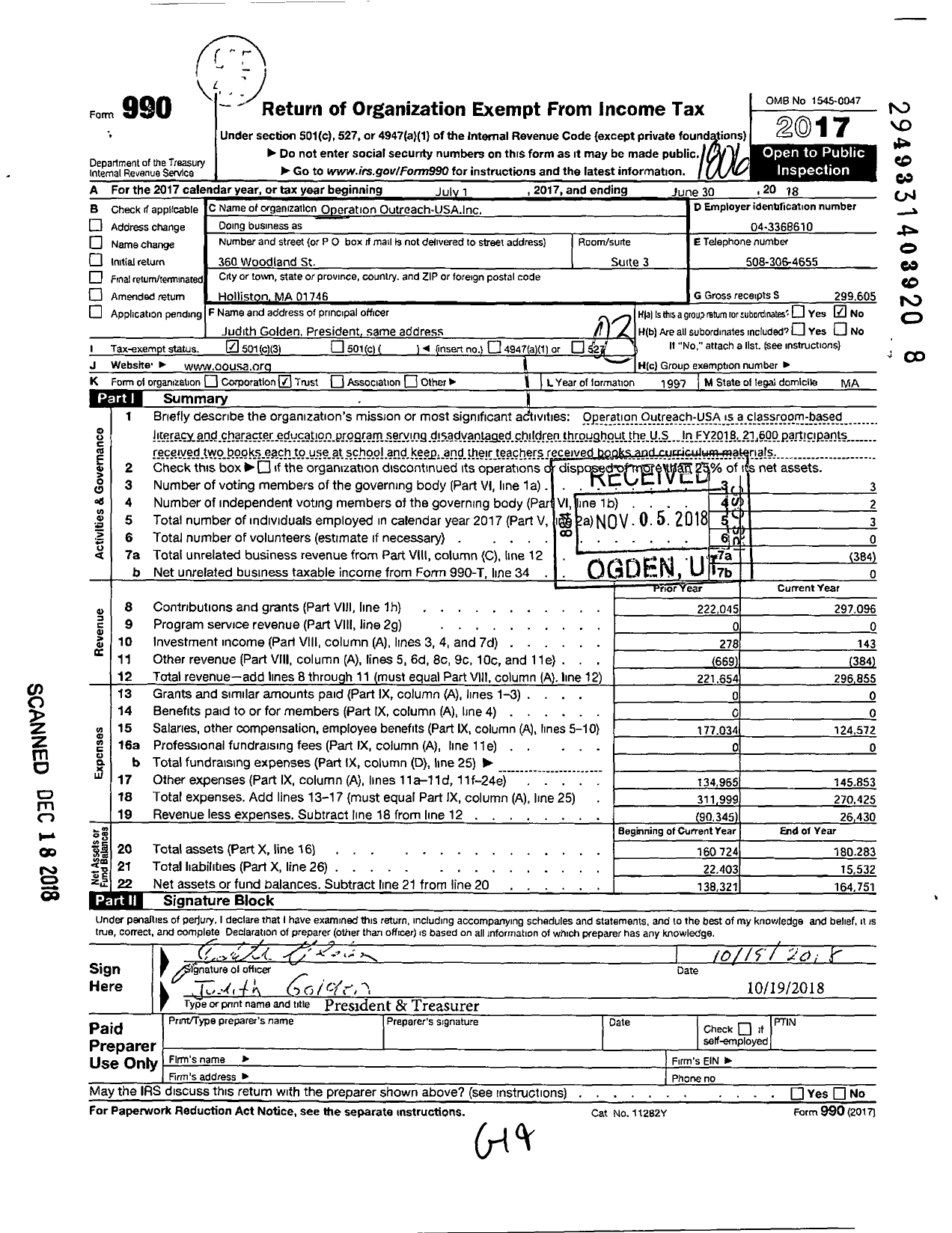 Image of first page of 2017 Form 990 for Operation Outreach-Usa