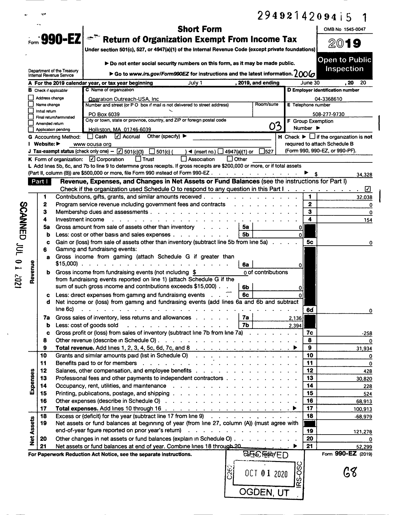 Image of first page of 2019 Form 990EZ for Operation Outreach-Usa