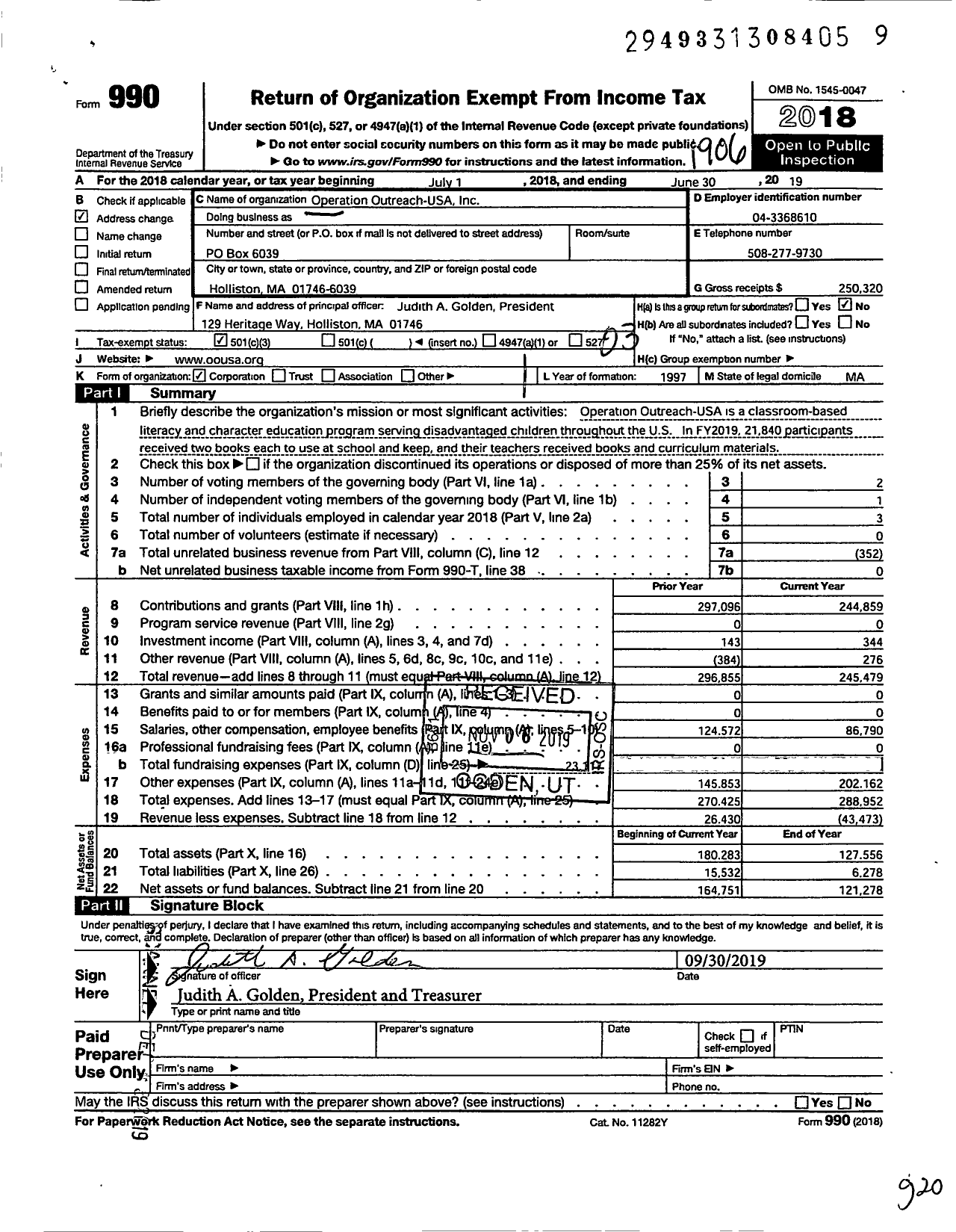 Image of first page of 2018 Form 990 for Operation Outreach-Usa