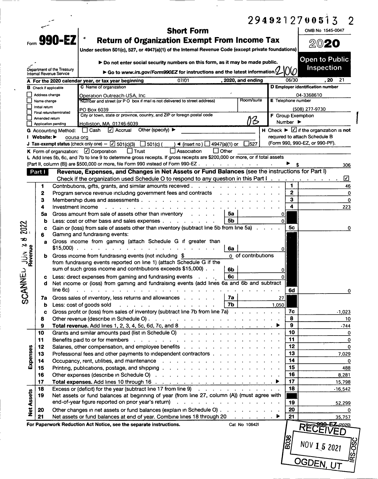 Image of first page of 2020 Form 990EZ for Operation Outreach-Usa