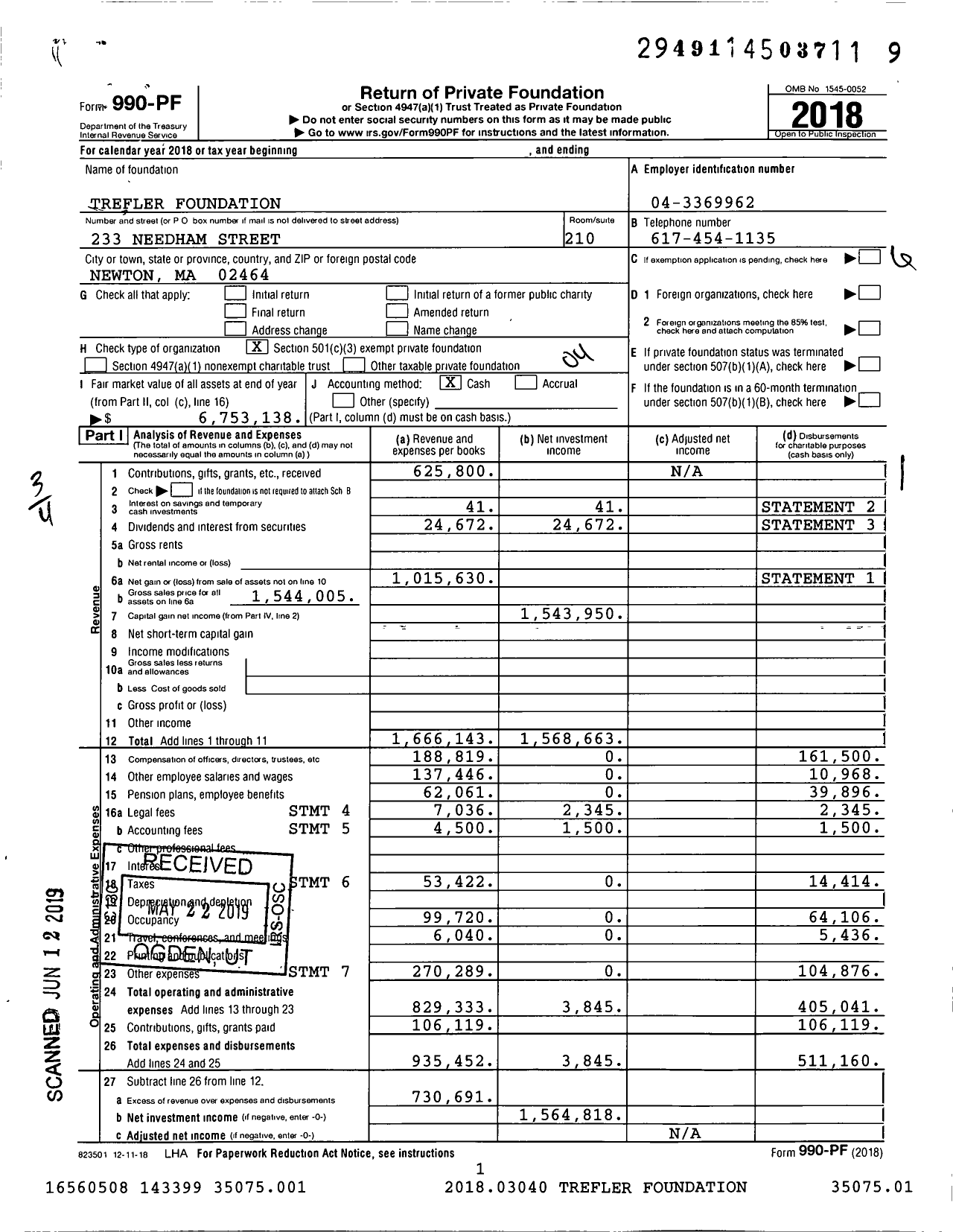 Image of first page of 2018 Form 990PF for Trefler Foundation