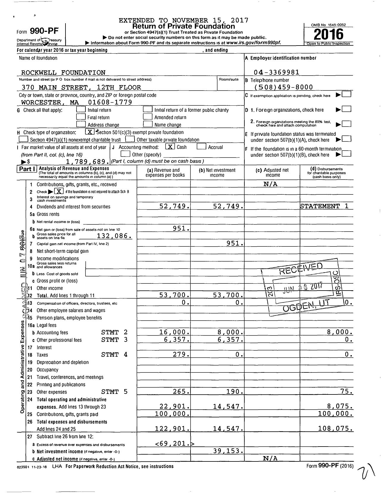 Image of first page of 2016 Form 990PF for Rockwell Foundation