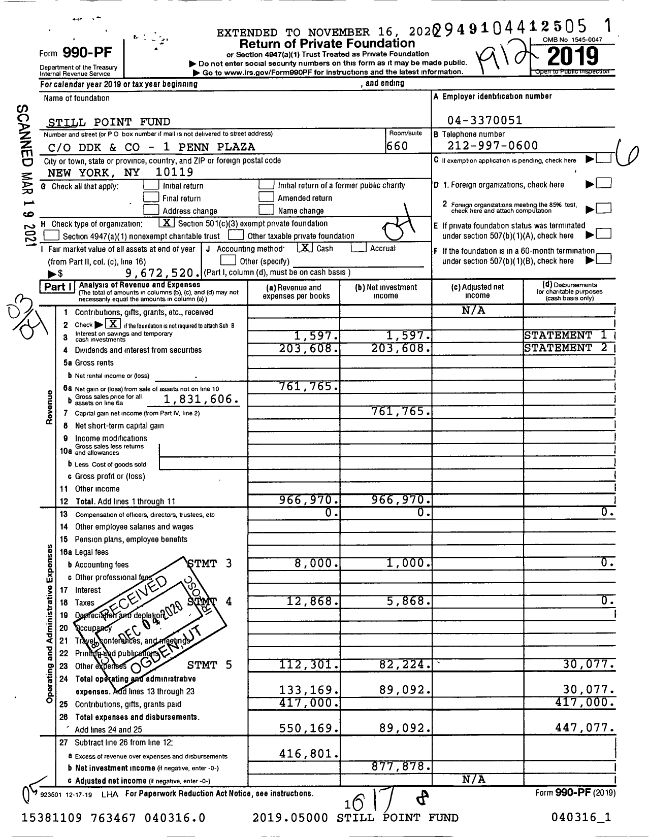 Image of first page of 2019 Form 990PF for Still Point Fund