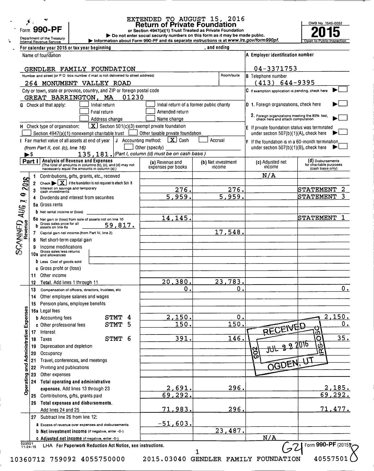 Image of first page of 2015 Form 990PF for Gendler Family Foundation