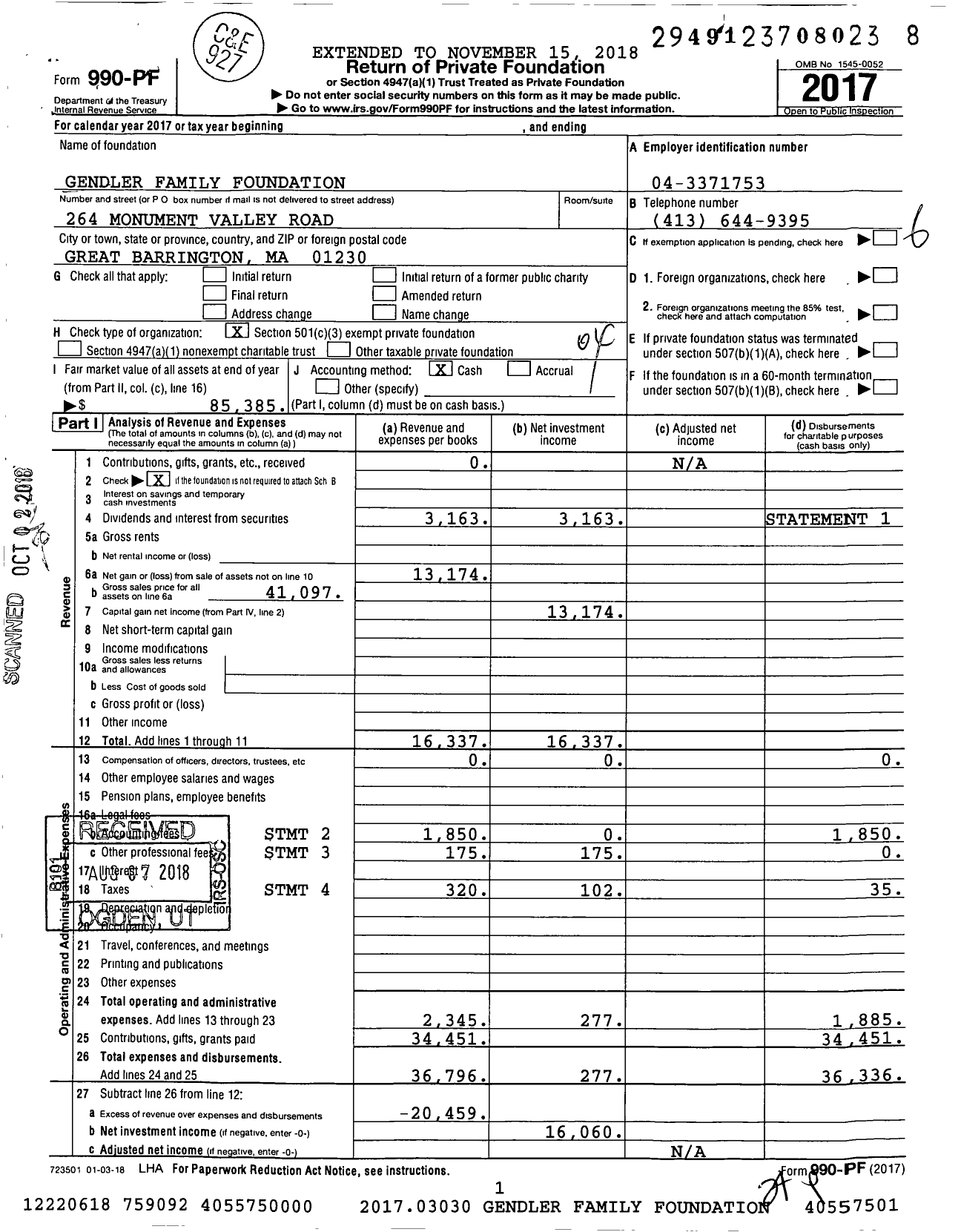 Image of first page of 2017 Form 990PF for Gendler Family Foundation