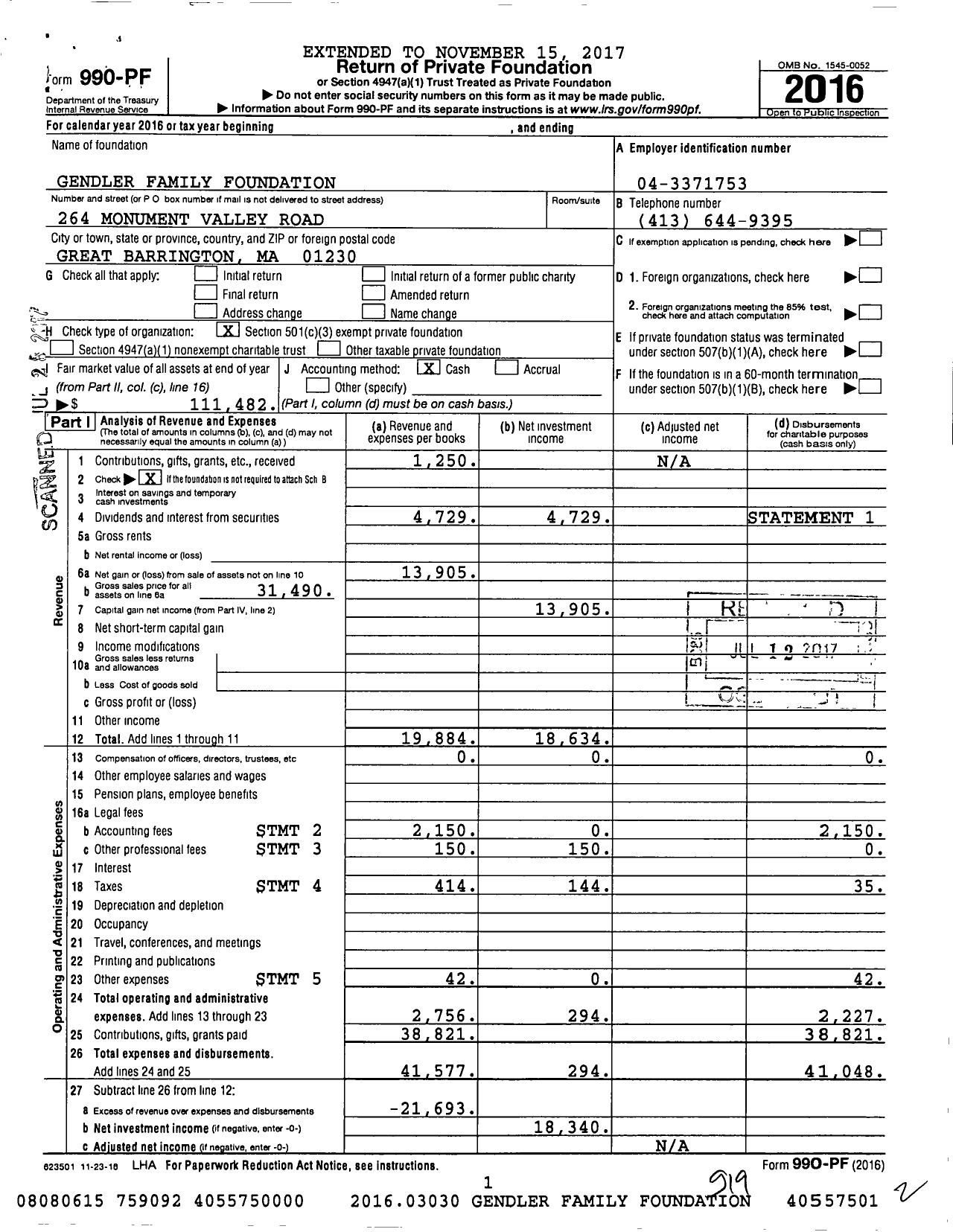 Image of first page of 2016 Form 990PF for Gendler Family Foundation