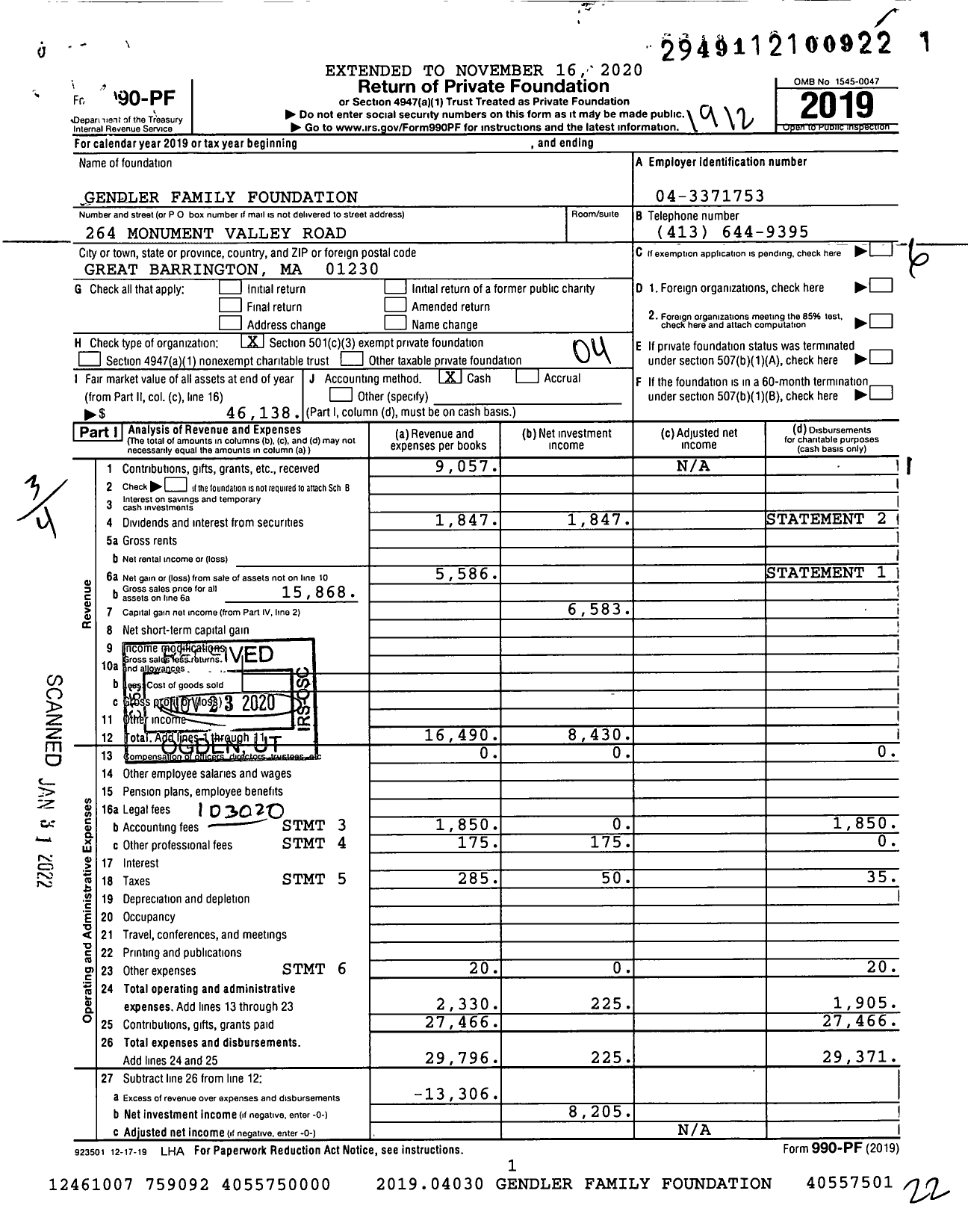 Image of first page of 2019 Form 990PF for Gendler Family Foundation