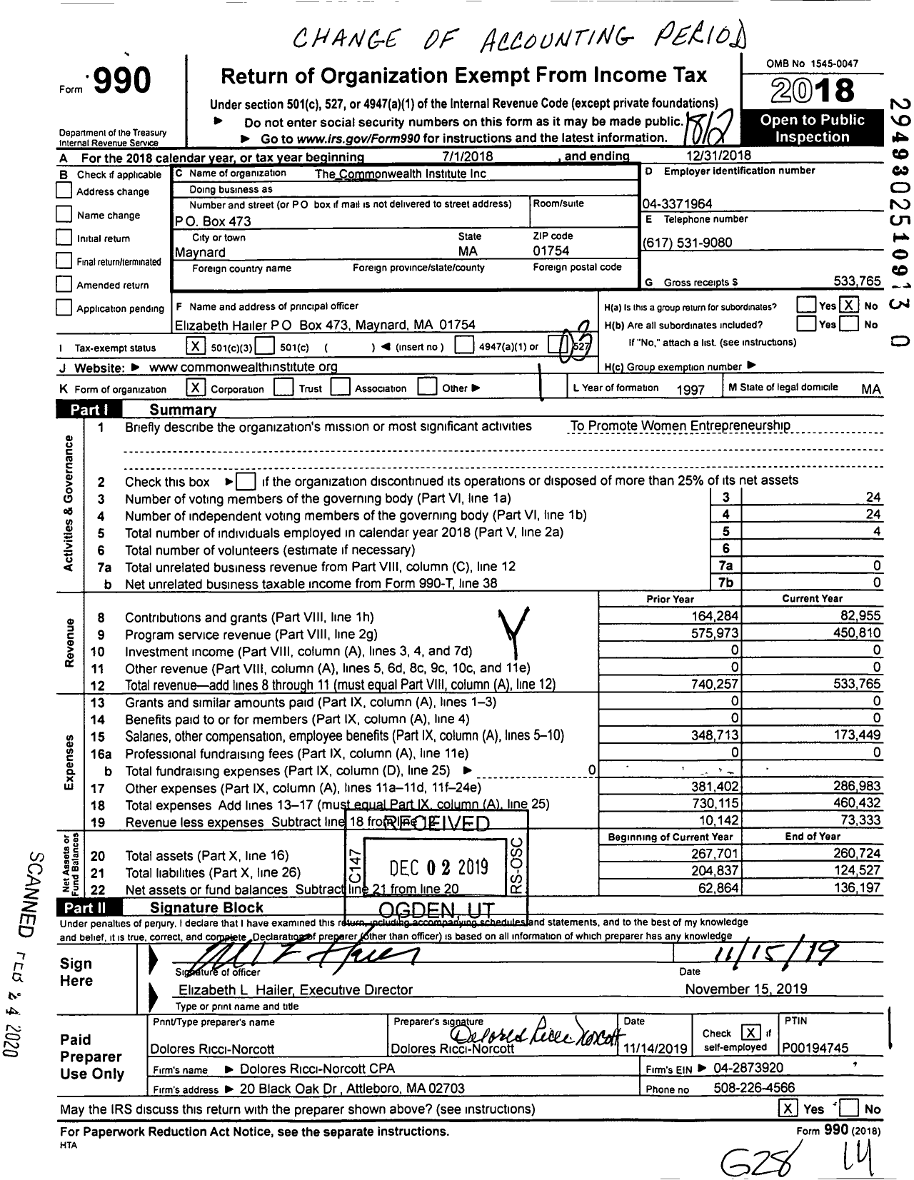 Image of first page of 2018 Form 990 for The Women's Edge