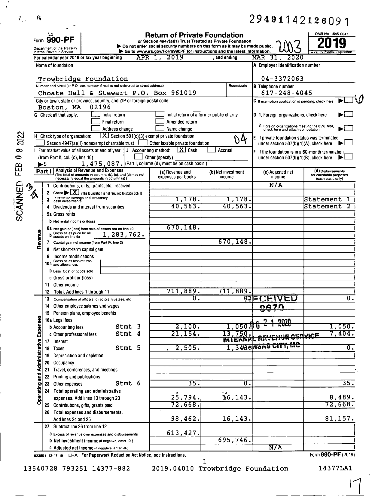 Image of first page of 2019 Form 990PF for Trowbridge Foundation