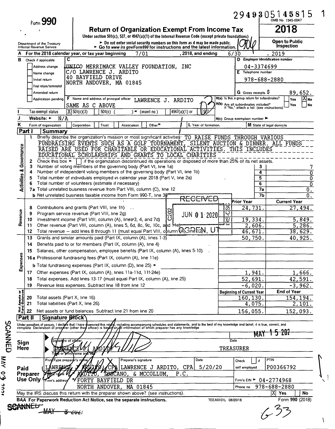 Image of first page of 2018 Form 990 for Unico Merrimack Valley Foundation