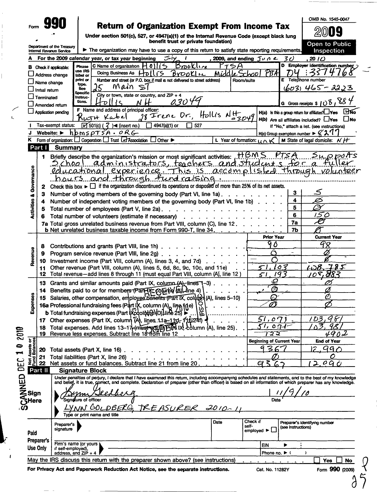 Image of first page of 2009 Form 990 for New Hampshire Congress of Parents and Teachers / Hollis Brookline Middle School Ptsa