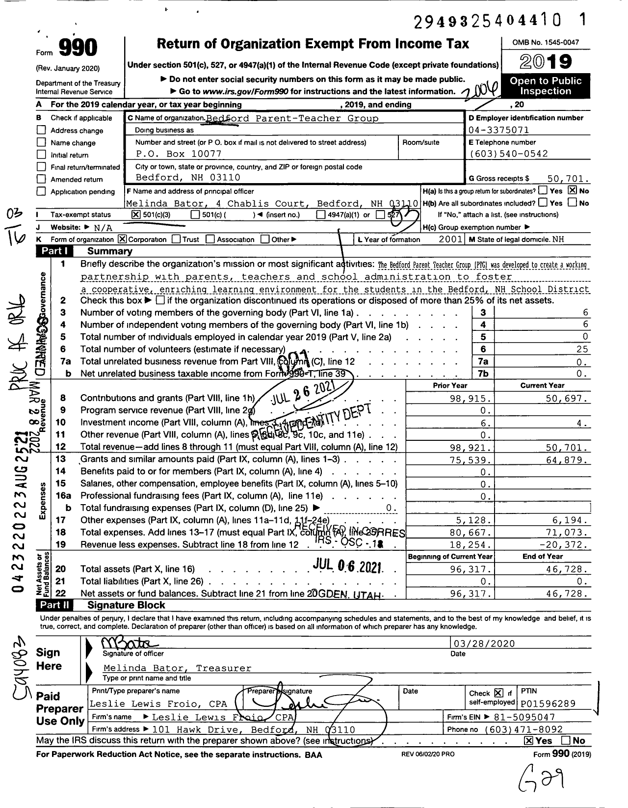 Image of first page of 2019 Form 990 for Bedford Parent-Teacher Group