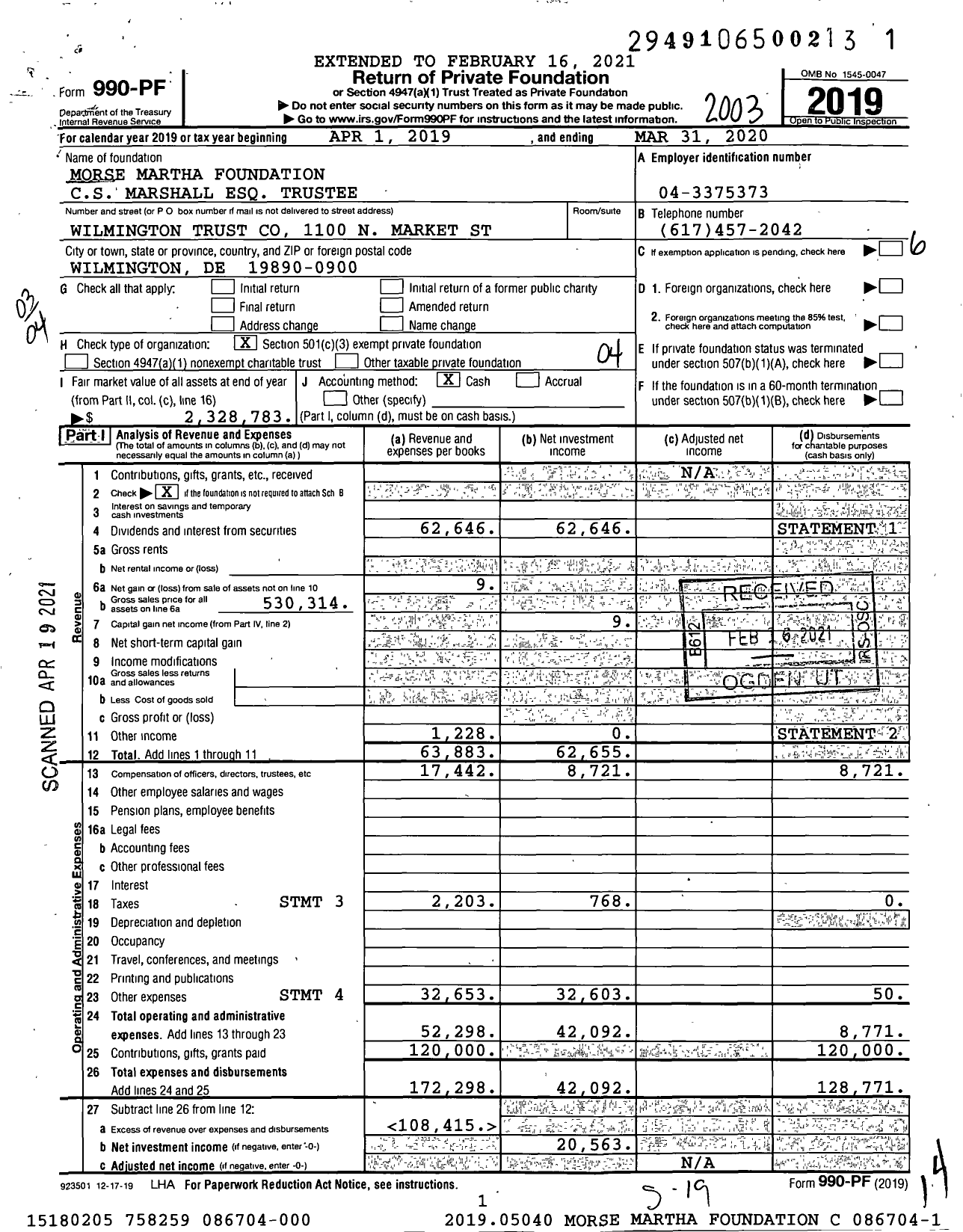 Image of first page of 2019 Form 990PF for Morse Martha Foundation CS Marshall Esq