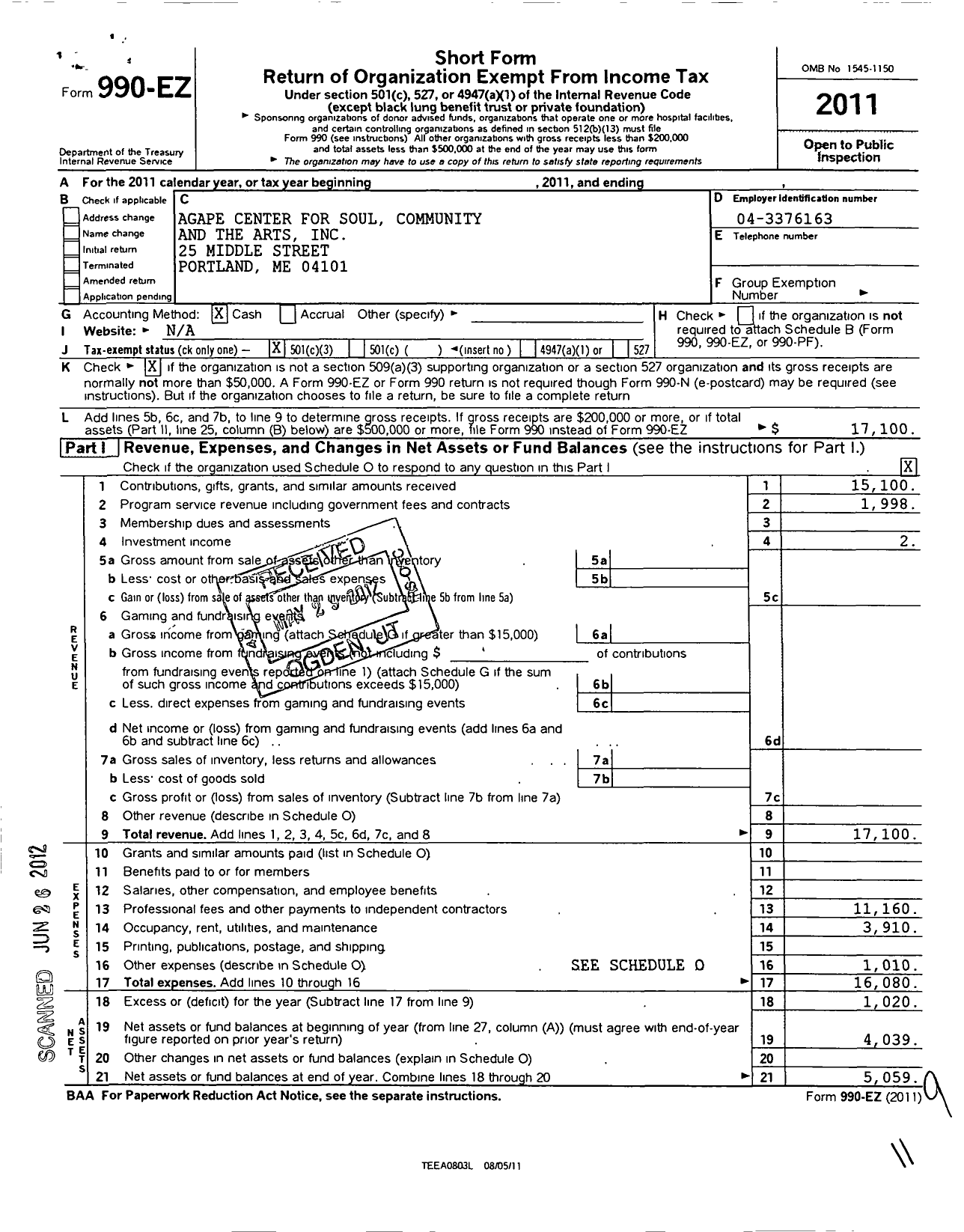 Image of first page of 2011 Form 990EZ for Agape Center for Soul Community and the Arts