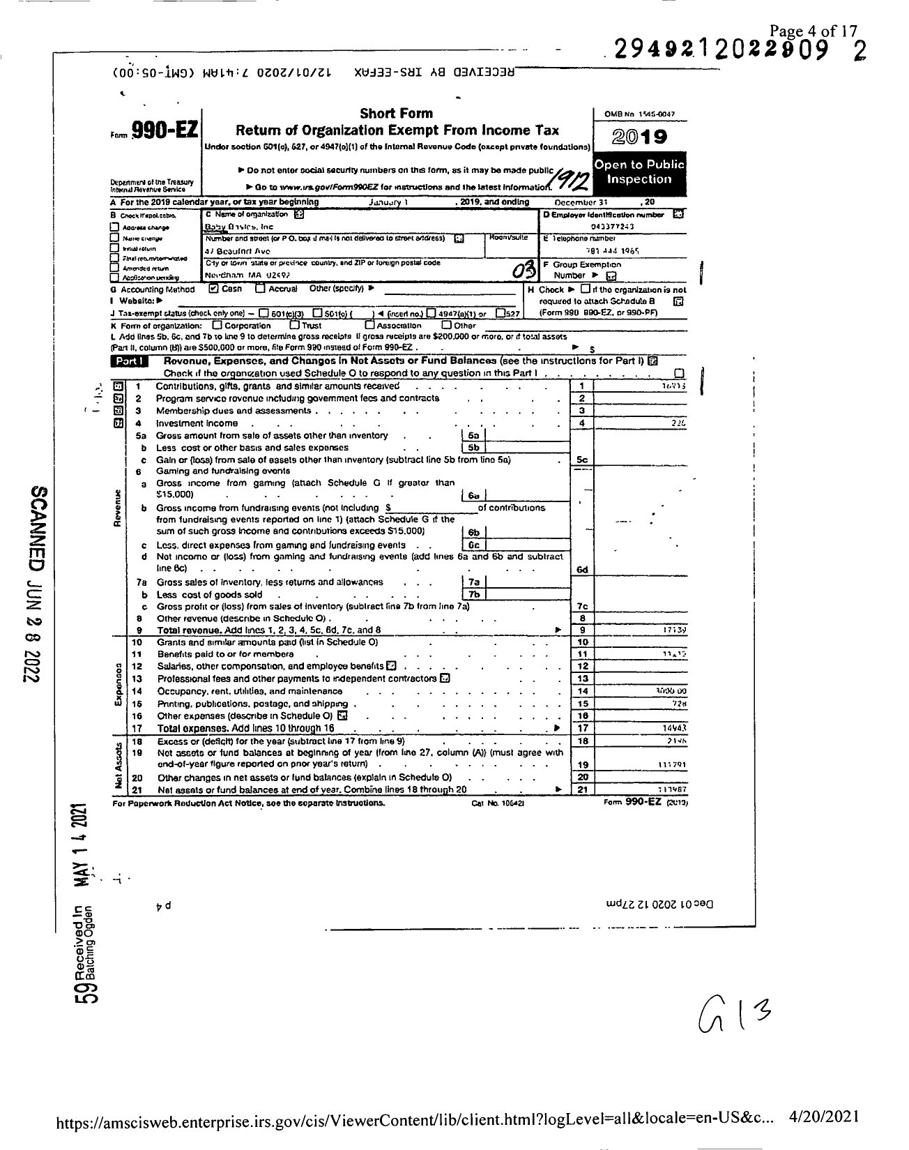 Image of first page of 2019 Form 990EZ for Baby Basics