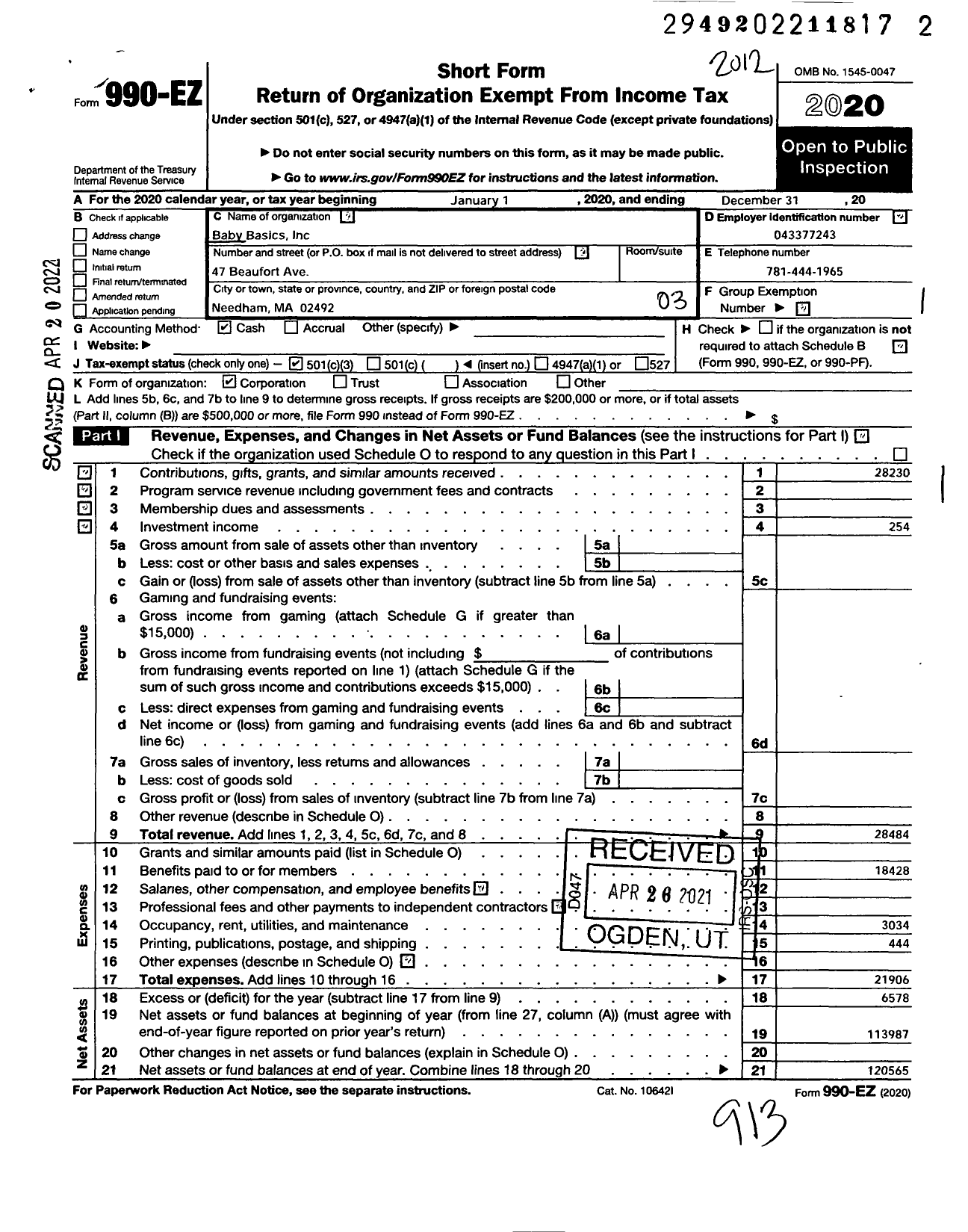 Image of first page of 2020 Form 990EZ for Baby Basics