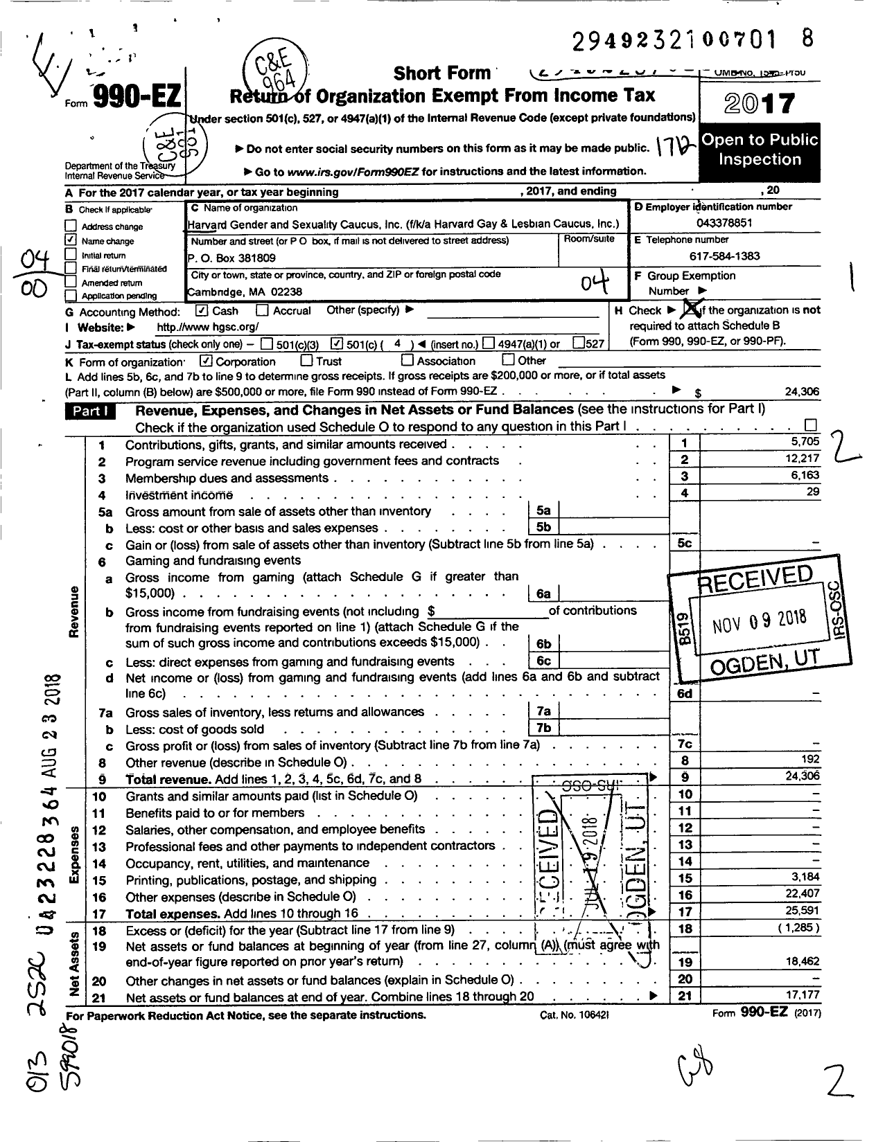 Image of first page of 2017 Form 990EO for Harvard Gender and Sexuality Caucus