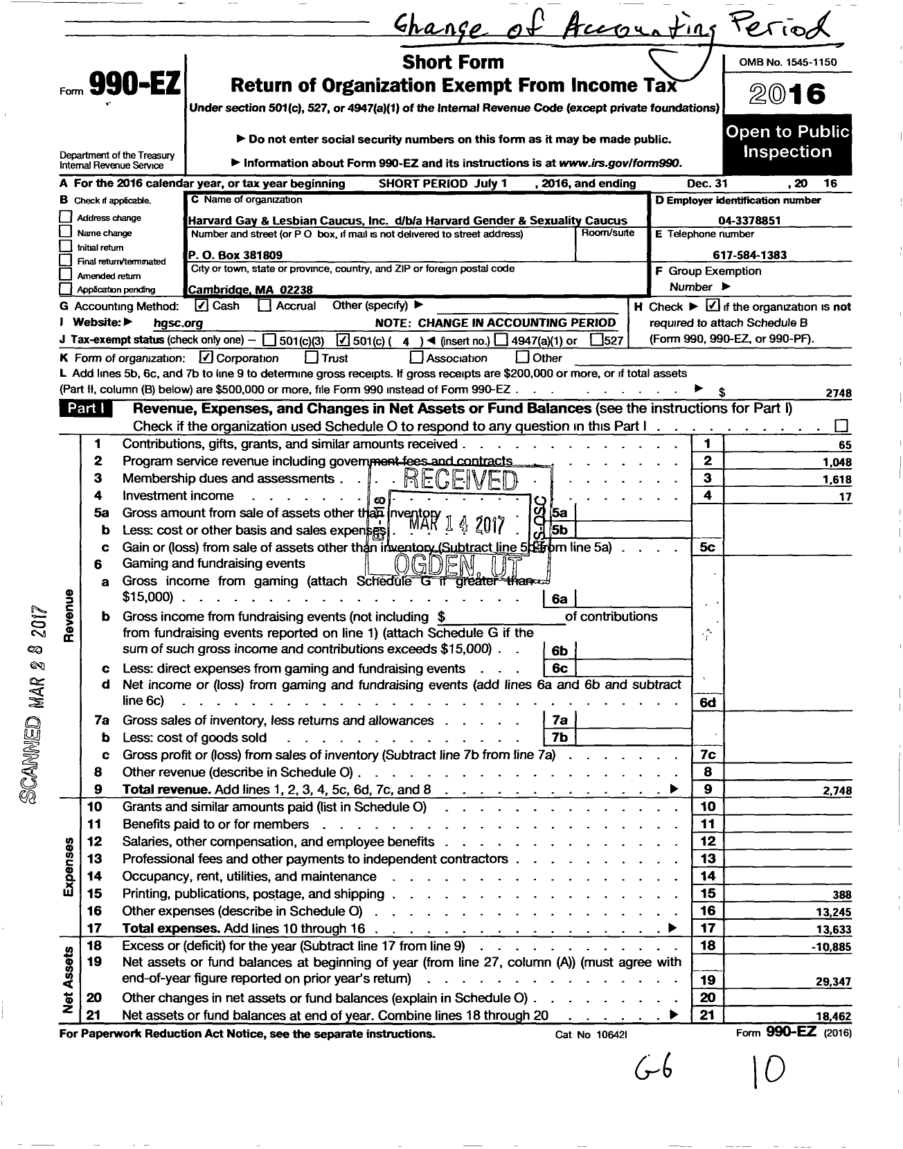 Image of first page of 2016 Form 990EO for Harvard Gender and Sexuality Caucus