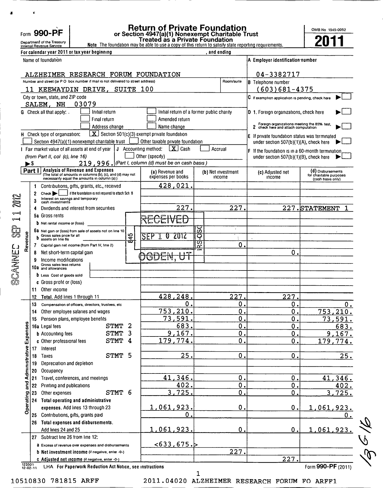 Image of first page of 2011 Form 990PF for Alzheimer Research Forum Foundation