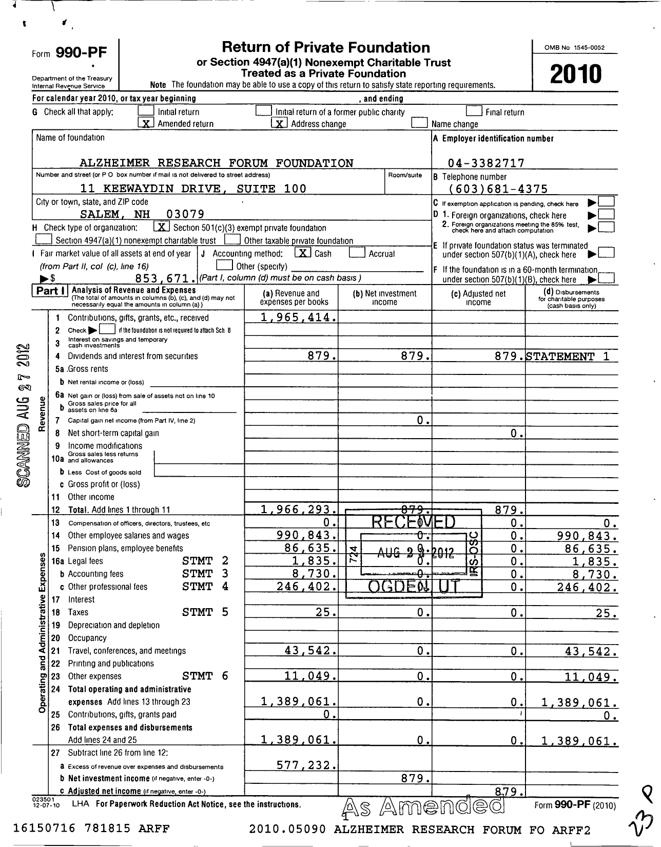 Image of first page of 2010 Form 990PF for Alzheimer Research Forum Foundation