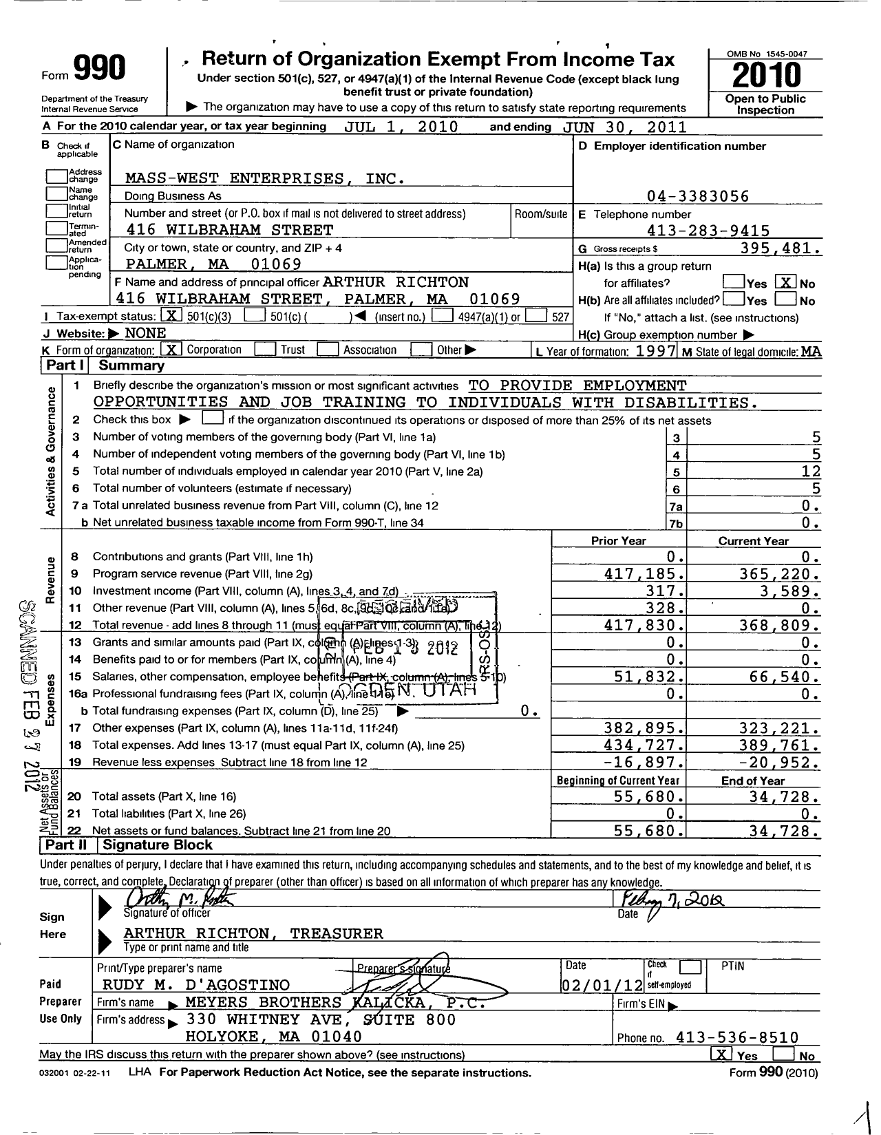 Image of first page of 2010 Form 990 for Mass-West Enterprises