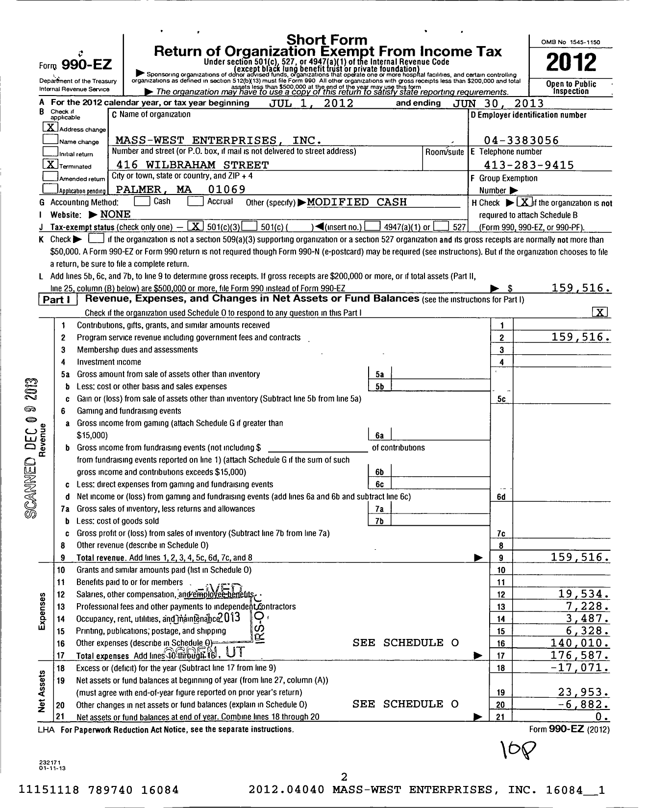 Image of first page of 2012 Form 990EZ for Mass-West Enterprises