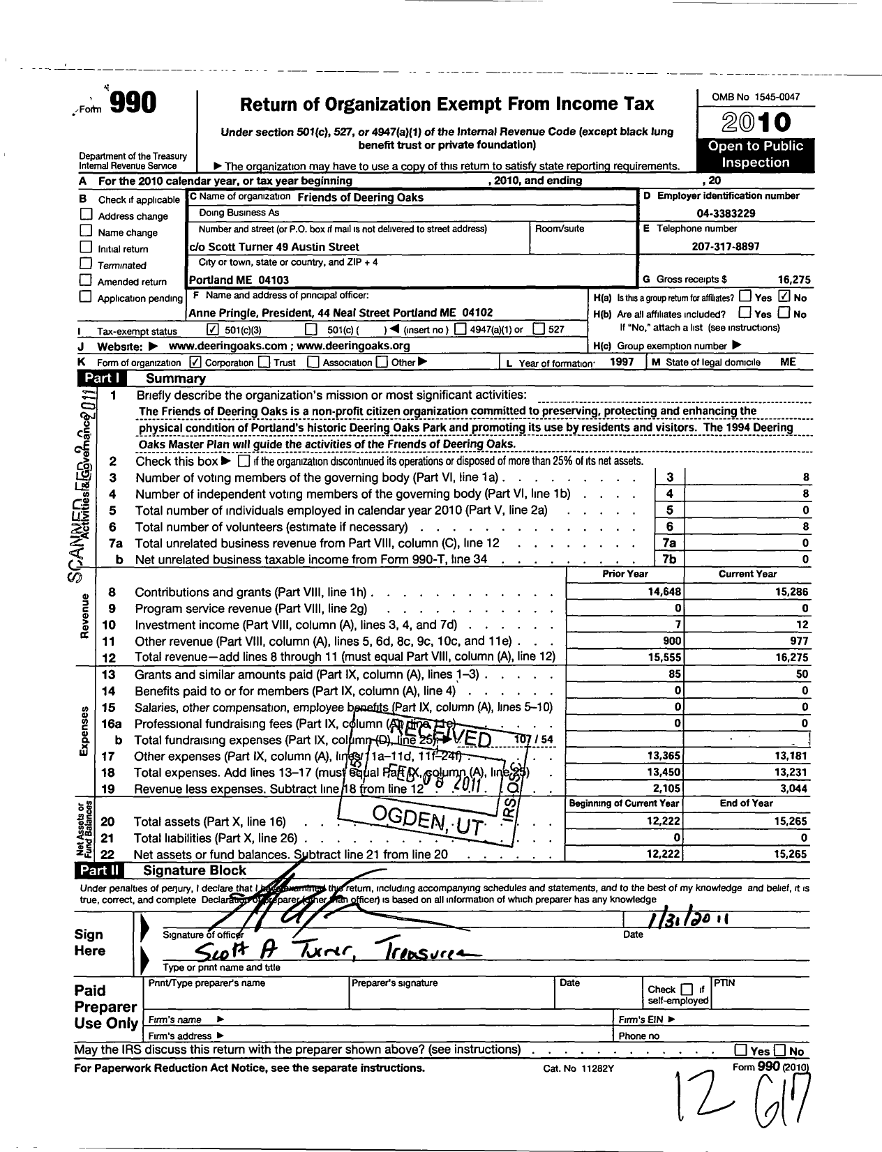 Image of first page of 2010 Form 990 for Friends of Deering Oaks