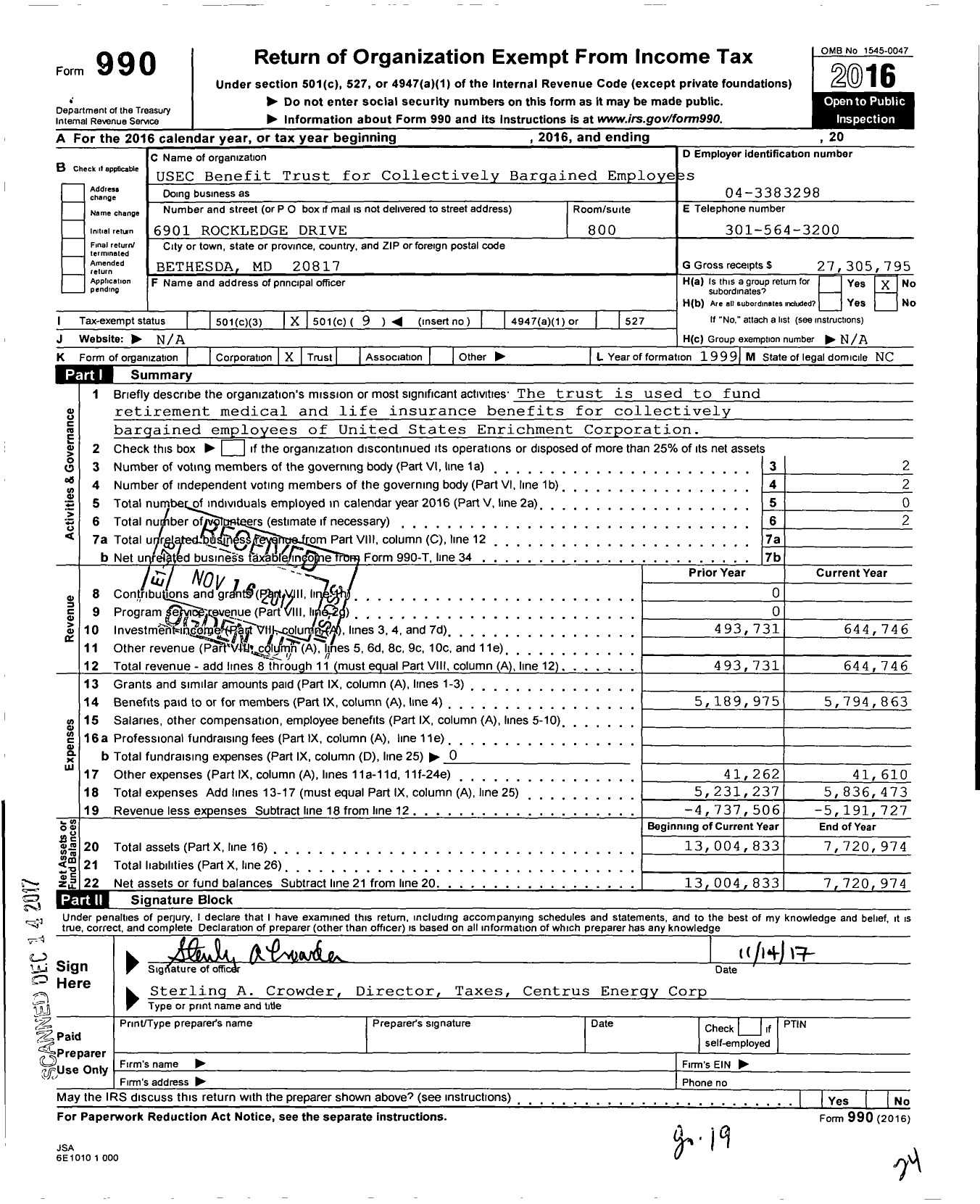 Image of first page of 2016 Form 990O for Usec Benefit Trust for Hourly Employees