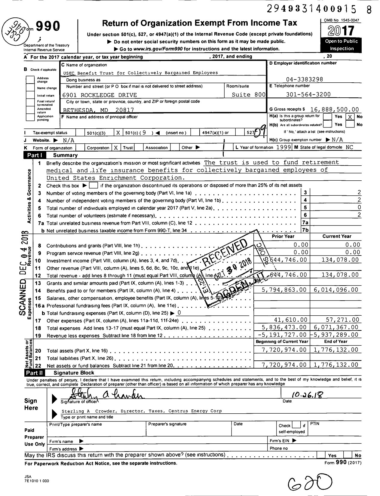 Image of first page of 2017 Form 990O for Usec Benefit Trust for Hourly Employees