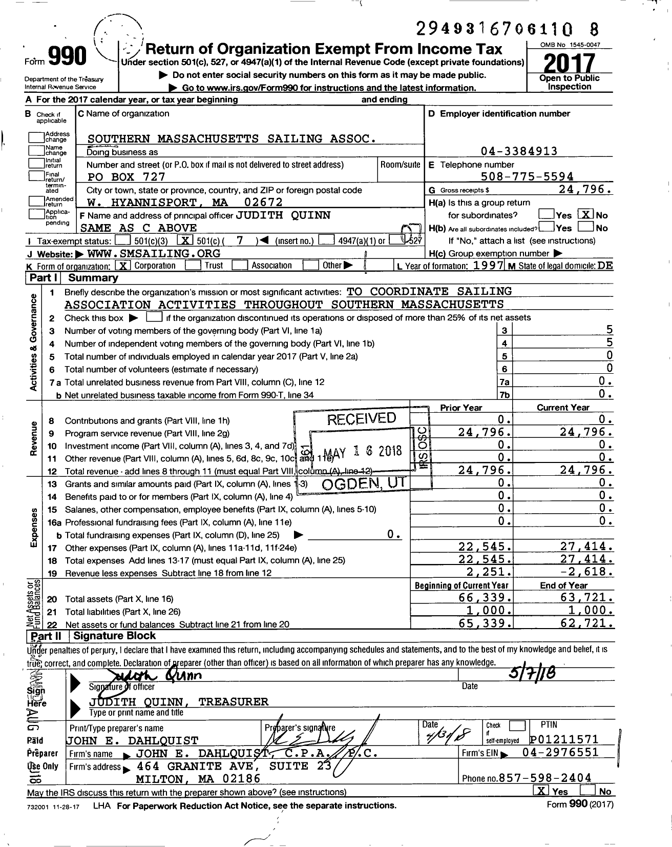 Image of first page of 2017 Form 990O for Southern Massachusetts Sailing Association