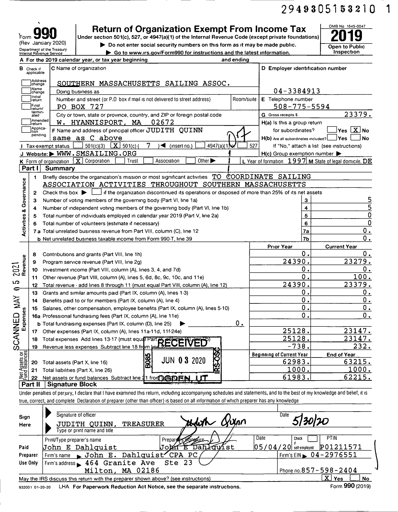 Image of first page of 2019 Form 990O for Southern Massachusetts Sailing Association