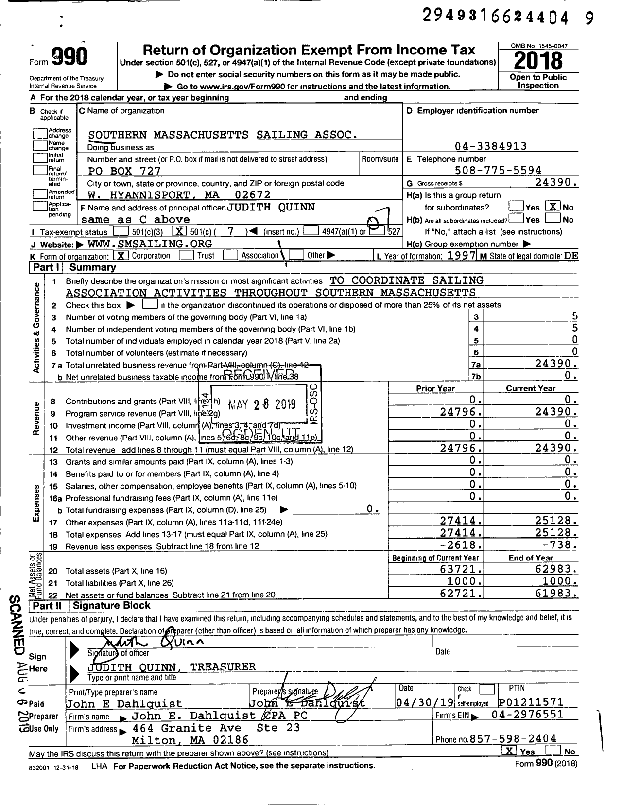 Image of first page of 2018 Form 990O for Southern Massachusetts Sailing Association