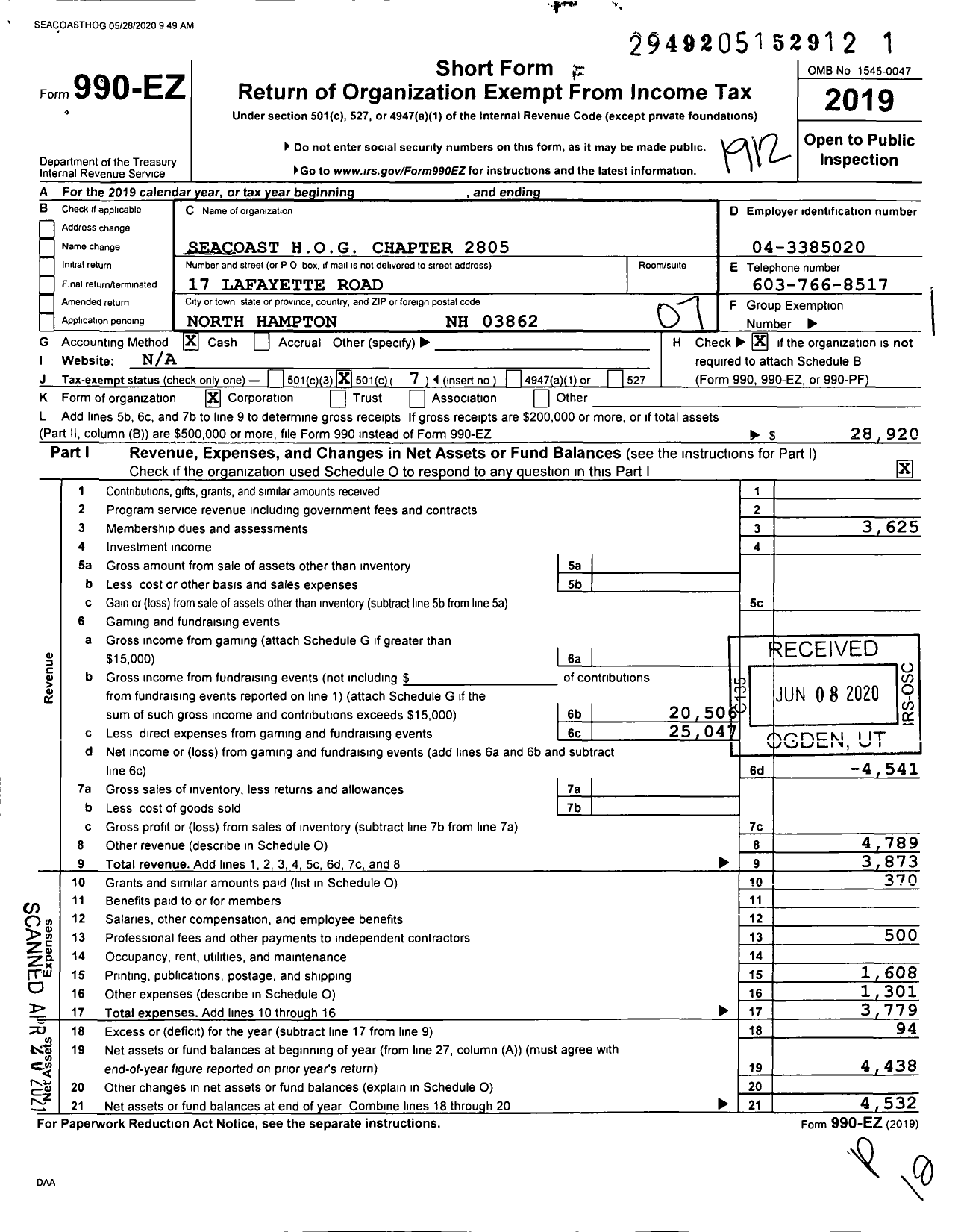 Image of first page of 2019 Form 990EO for Seacoast Hog Chapter 2805