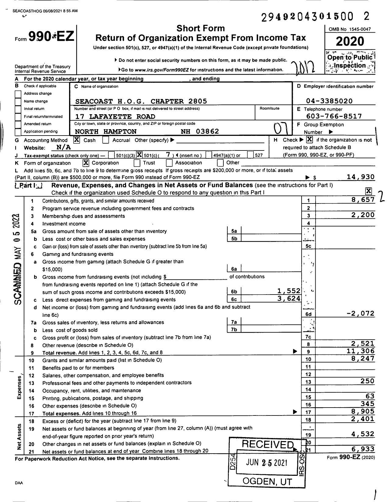 Image of first page of 2020 Form 990EO for Seacoast Hog Chapter 2805