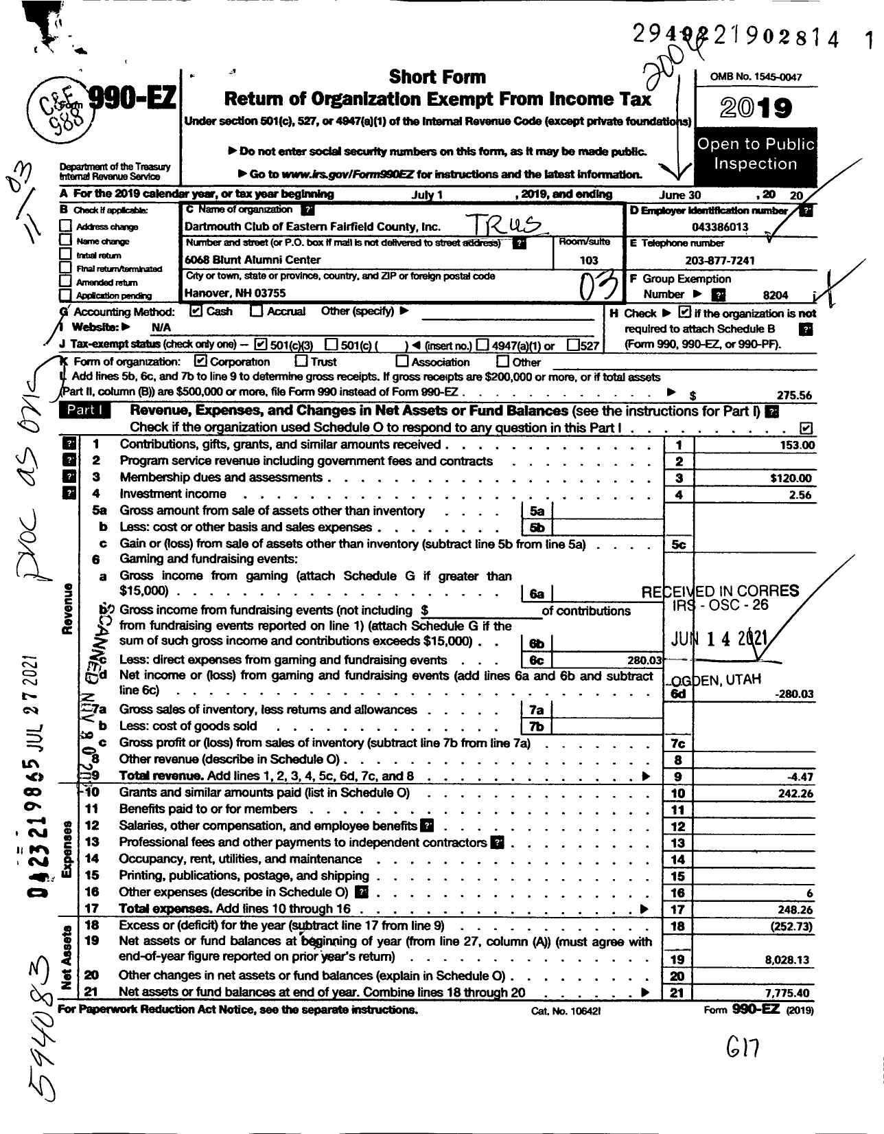 Image of first page of 2019 Form 990EZ for Dartmouth Club of Eastern Fairfield County