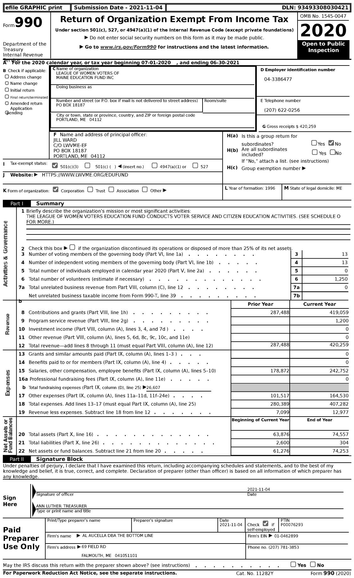 Image of first page of 2020 Form 990 for League of Women Voters of Maine Education Fund