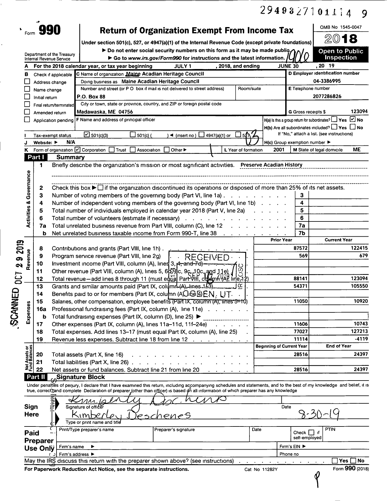 Image of first page of 2018 Form 990 for Maine Acadian Heritage Council