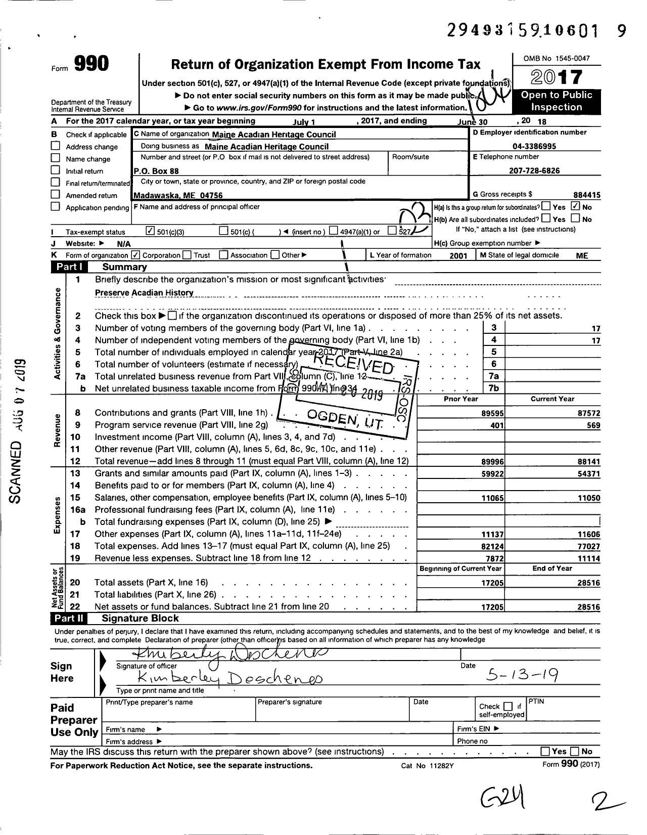 Image of first page of 2017 Form 990 for Maine Acadian Heritage Council
