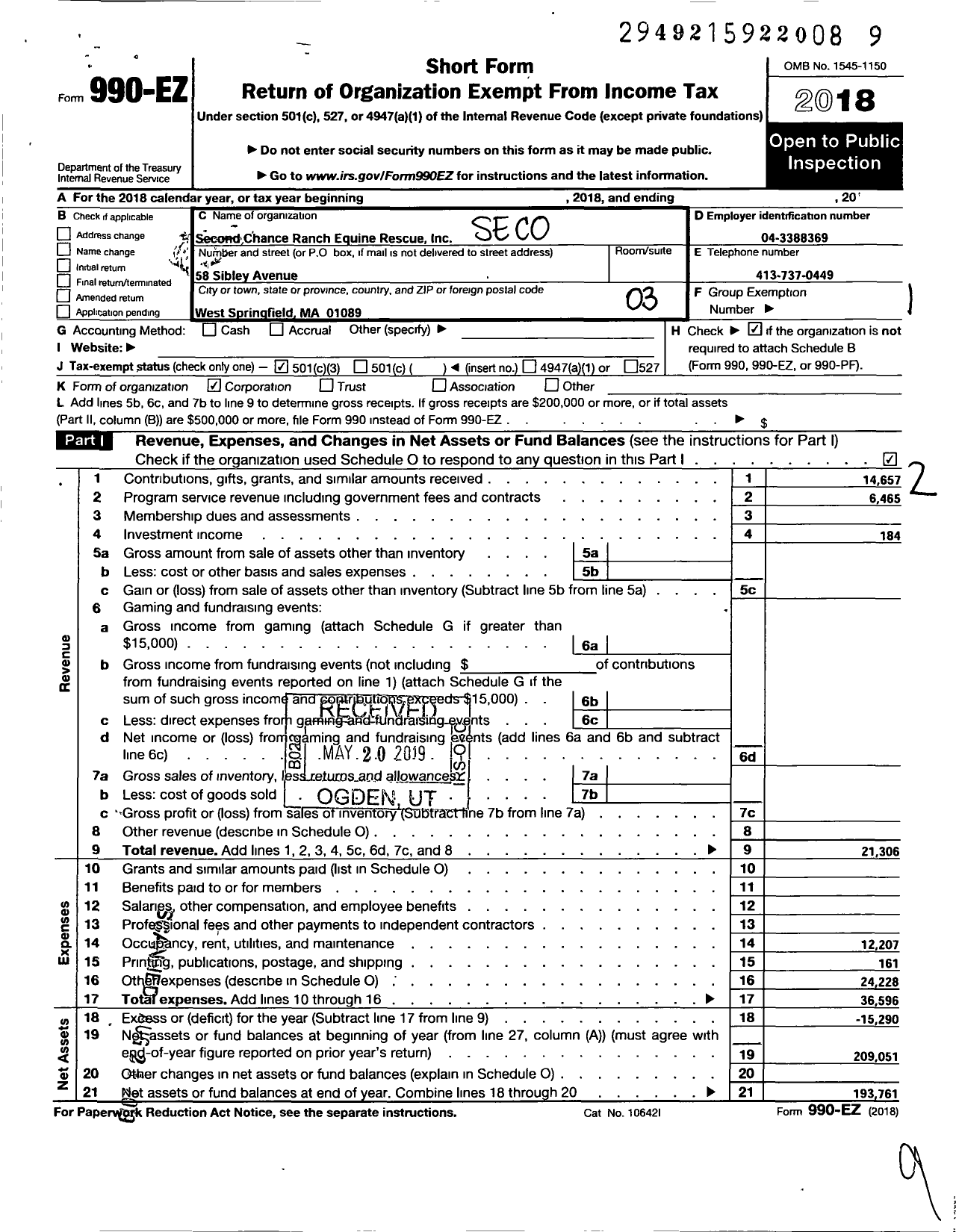 Image of first page of 2018 Form 990EZ for Second Chance Ranch