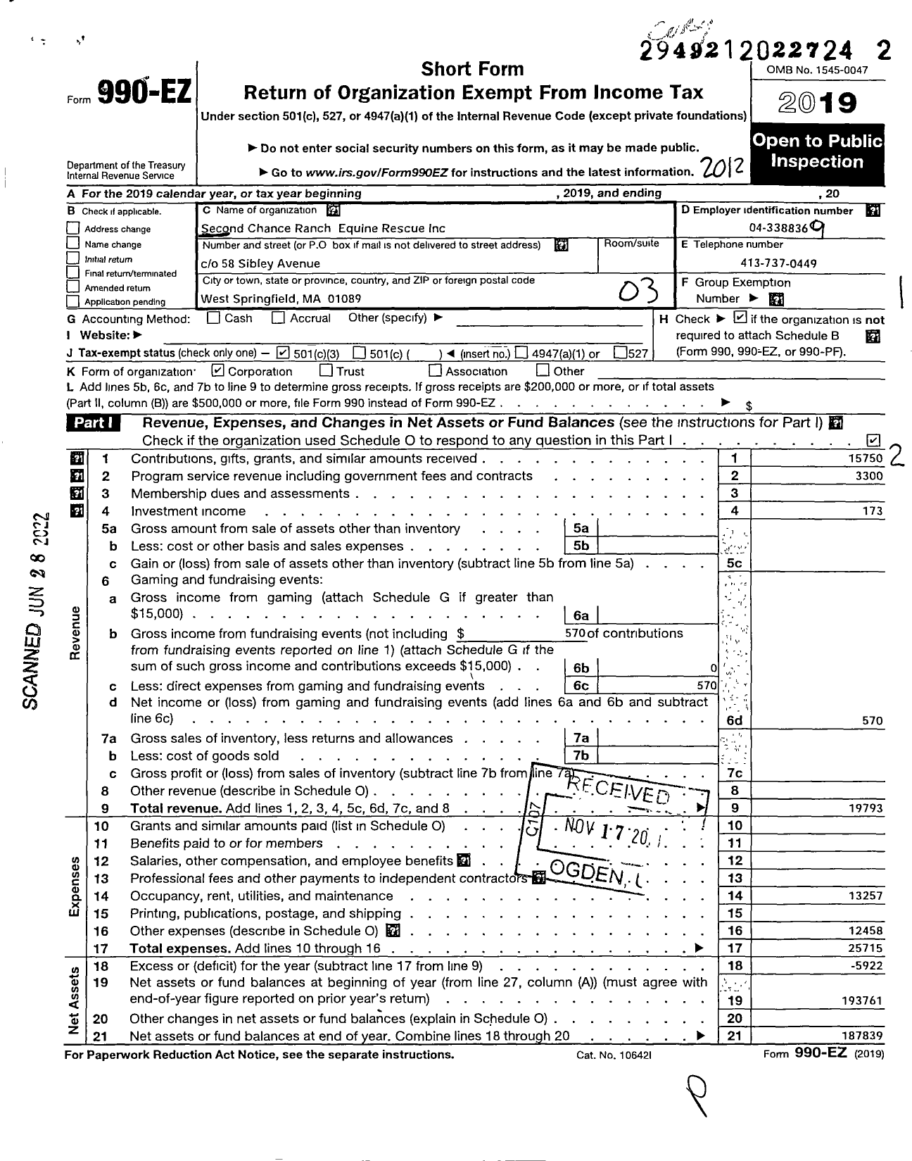 Image of first page of 2020 Form 990EZ for Second Chance Ranch