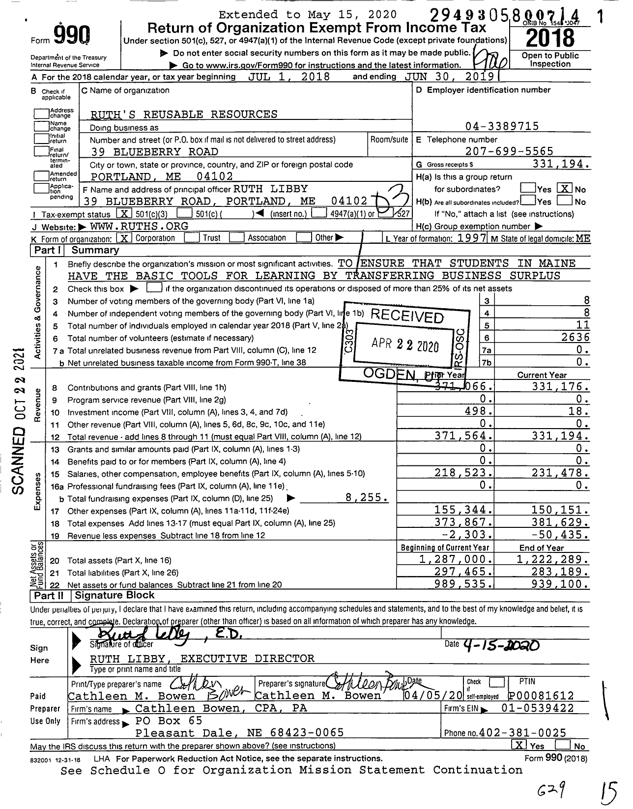 Image of first page of 2018 Form 990 for Ruth's Reusable Resources