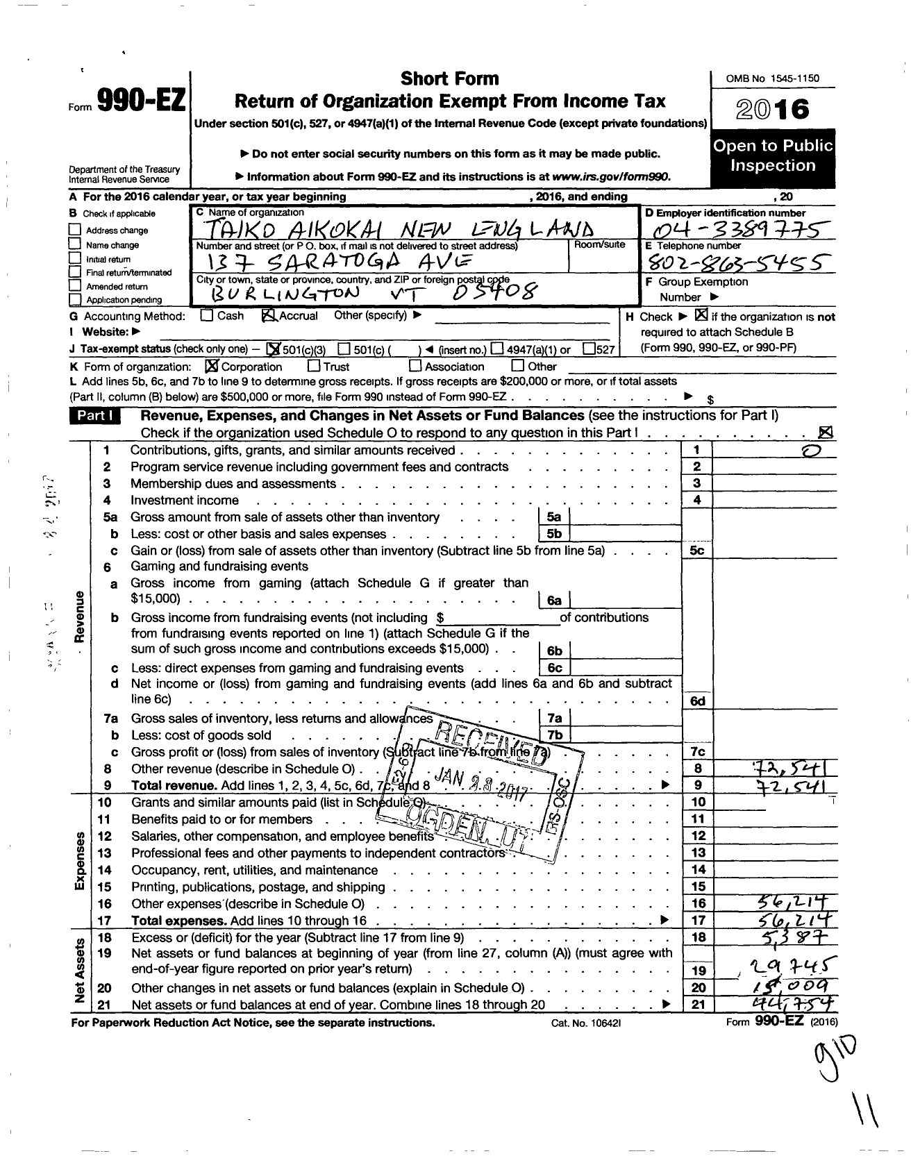 Image of first page of 2016 Form 990EZ for Taiko Ailkokai New England