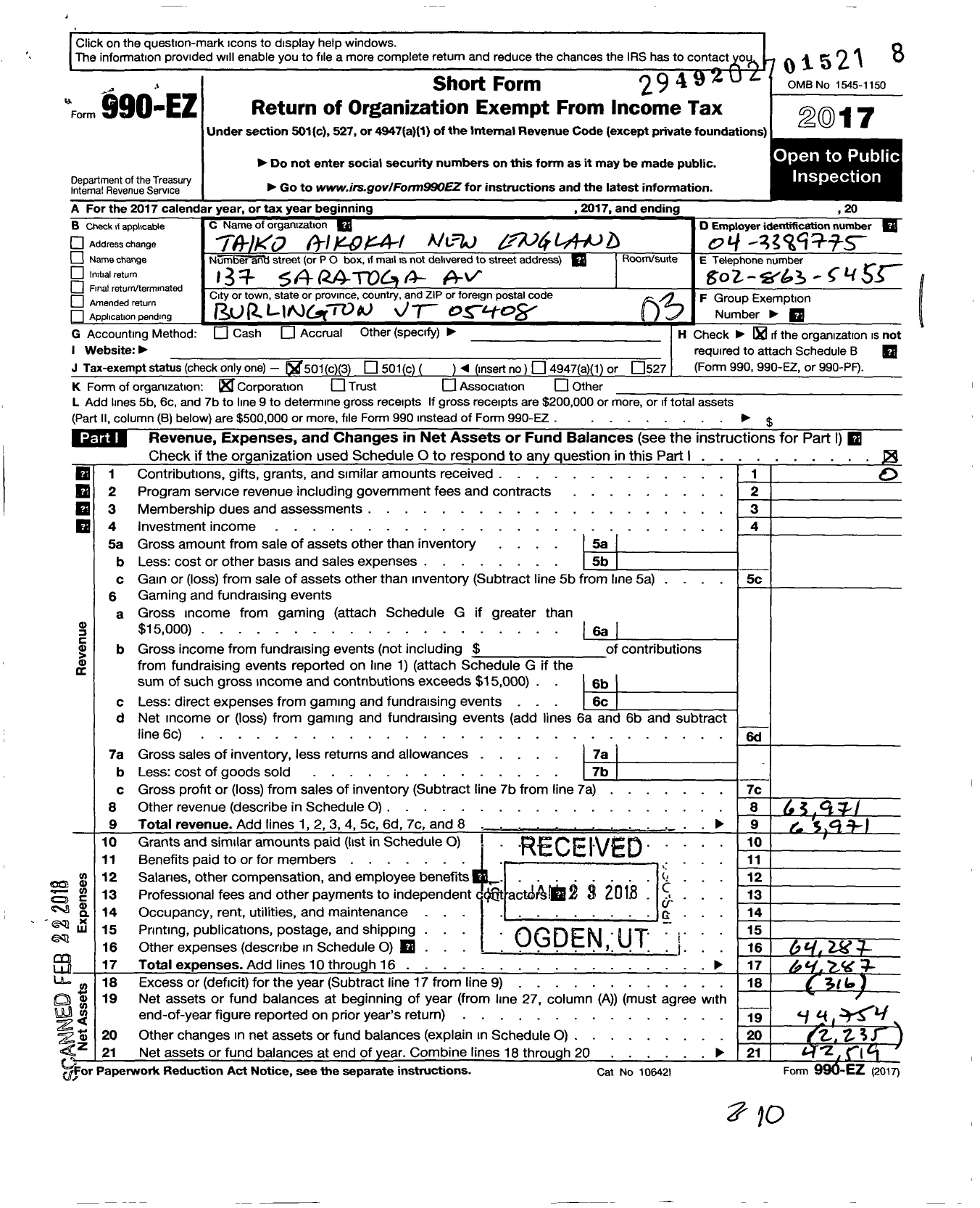 Image of first page of 2017 Form 990EZ for Taiko Ailkokai New England