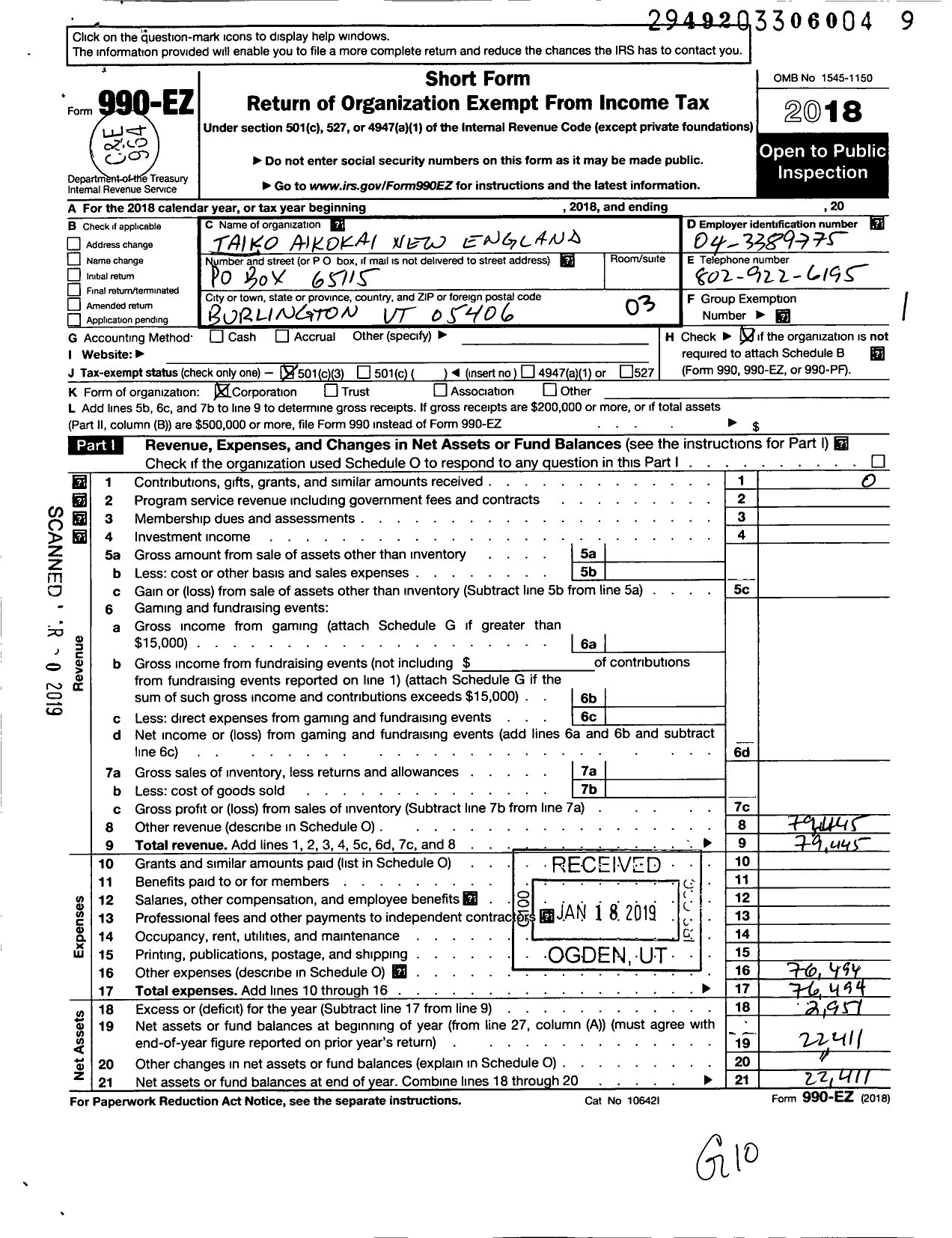 Image of first page of 2018 Form 990EZ for Taiko Ailkokai New England