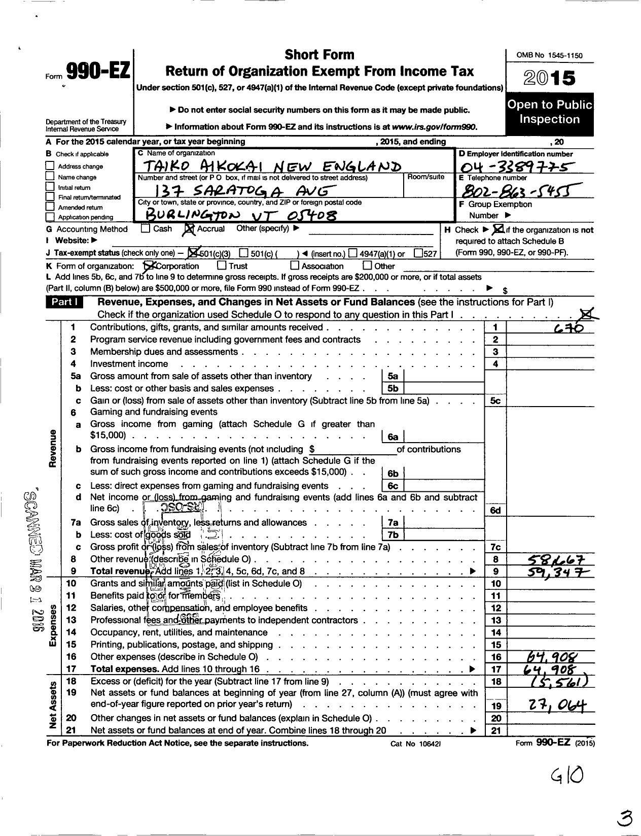 Image of first page of 2015 Form 990EZ for Taiko Ailkokai New England