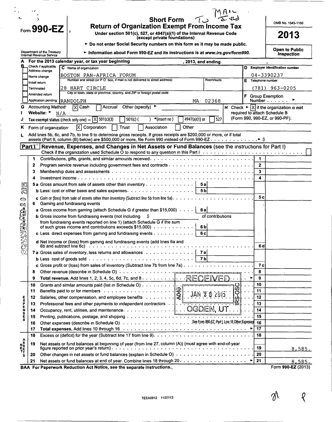 Image of first page of 2013 Form 990EZ for Boston Pan Africa Forum