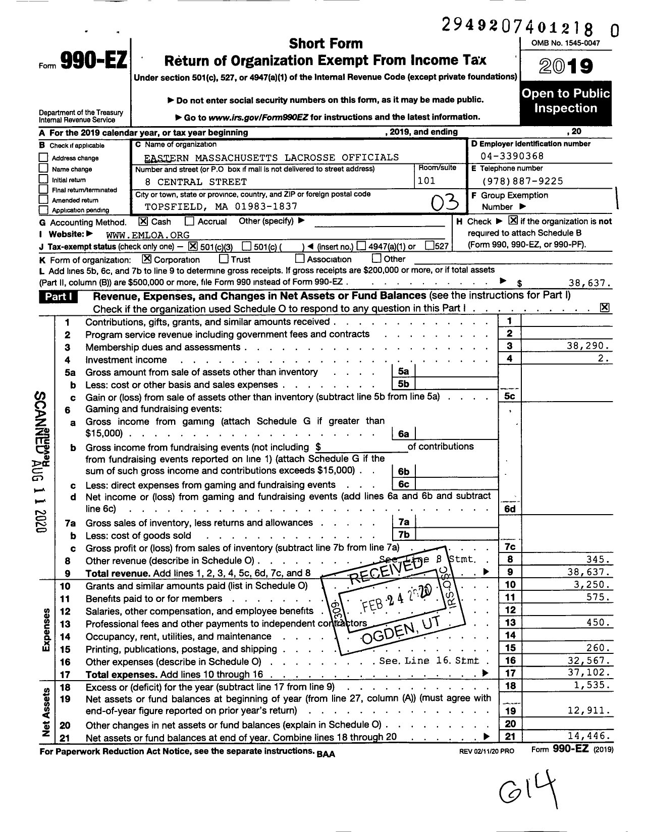 Image of first page of 2019 Form 990EZ for Eastern Massachusetts Lacrosse Officials