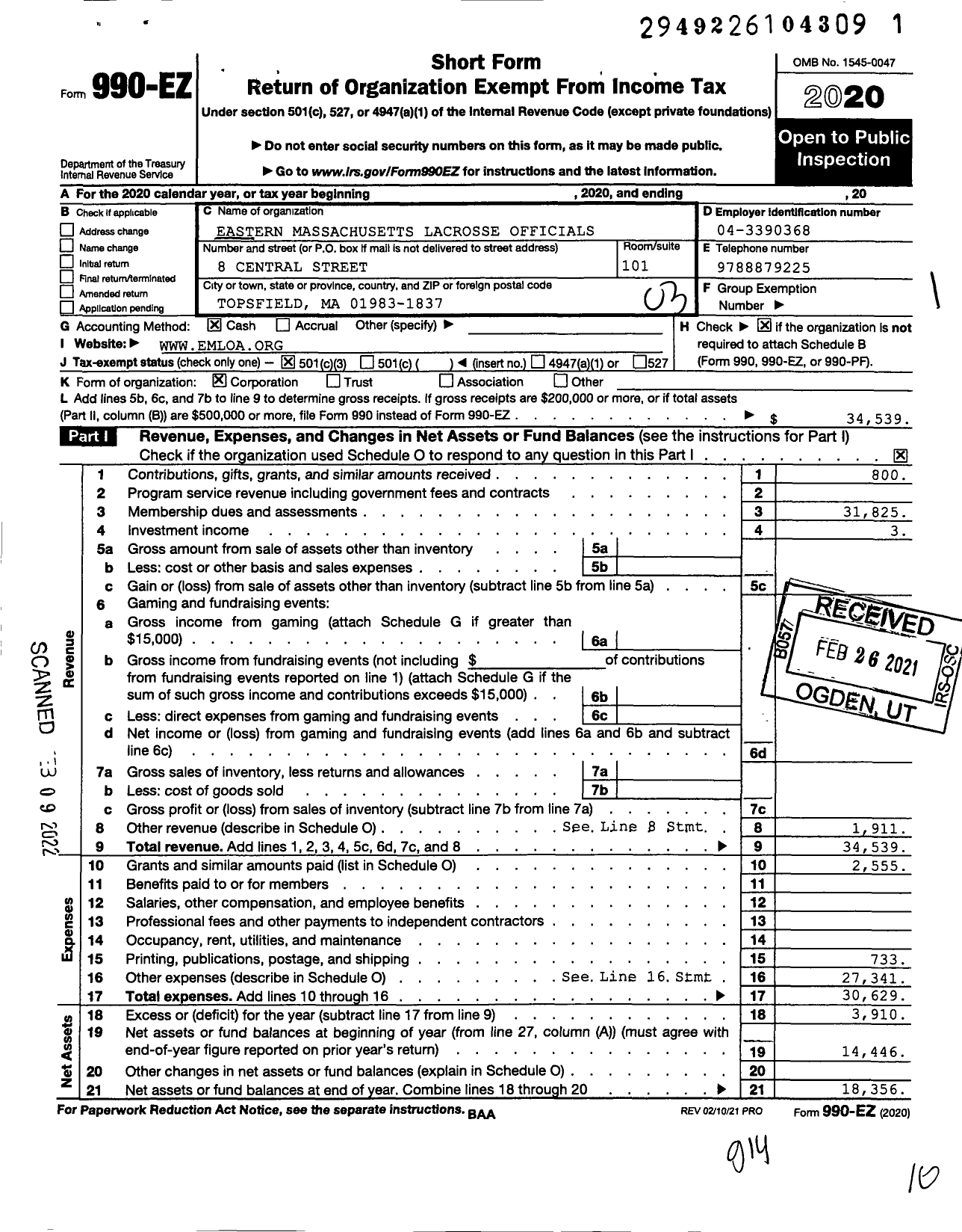 Image of first page of 2020 Form 990EZ for Eastern Massachusetts Lacrosse Officials