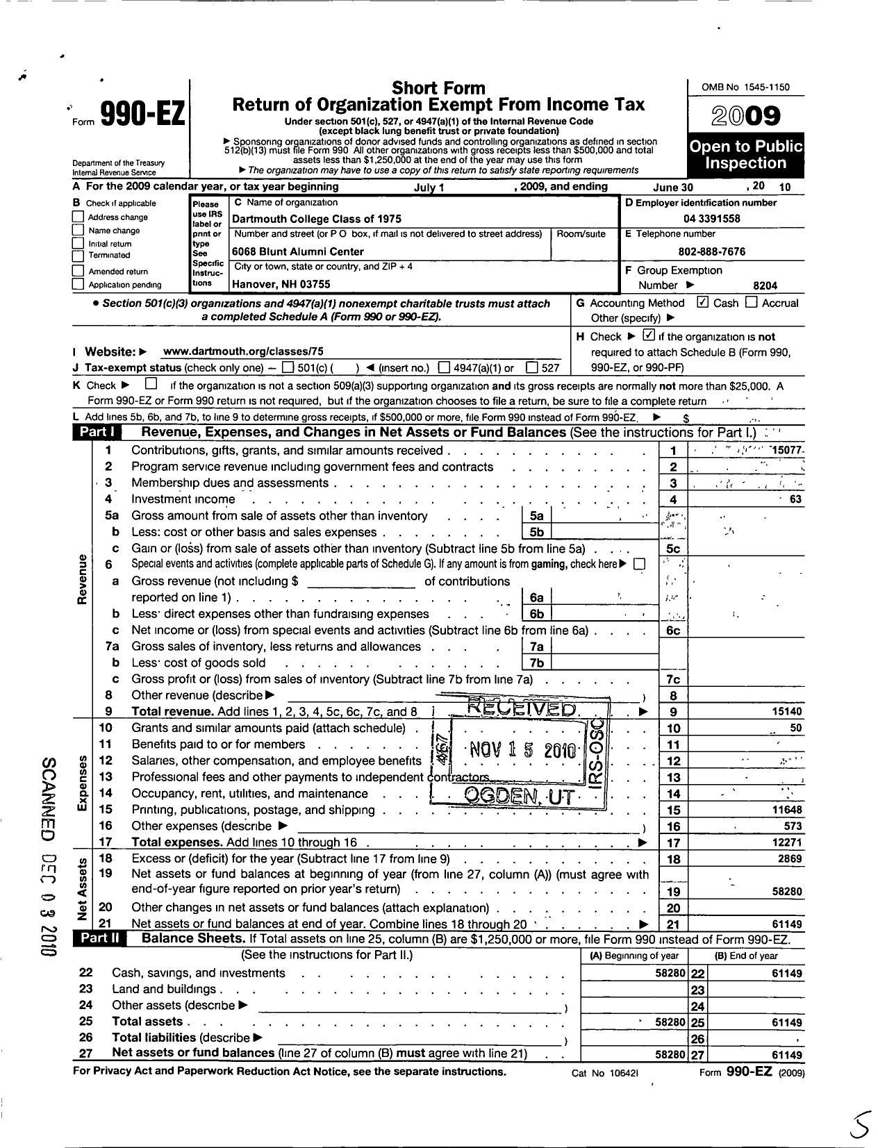 Image of first page of 2009 Form 990EO for Trustees of Dartmouth College - 1975 Class