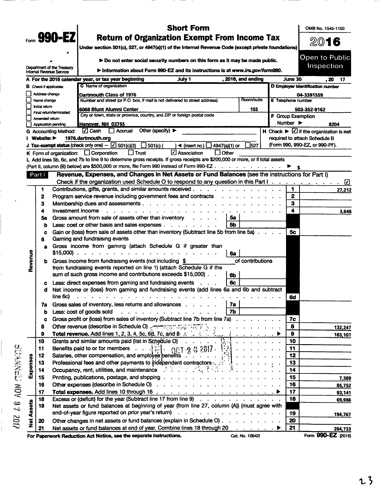 Image of first page of 2016 Form 990EZ for Trustees of Dartmouth College - 1976 Class